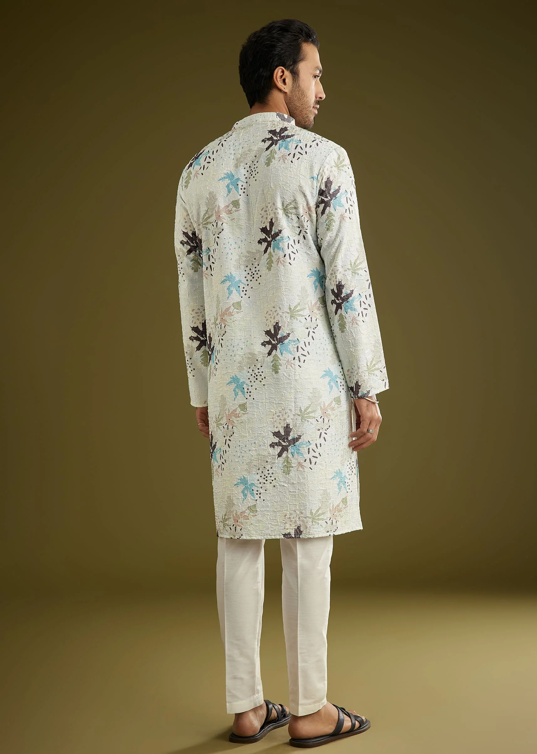 White Linen Zipper Kurta Set With Abstract Leaf Motifs - Image 5