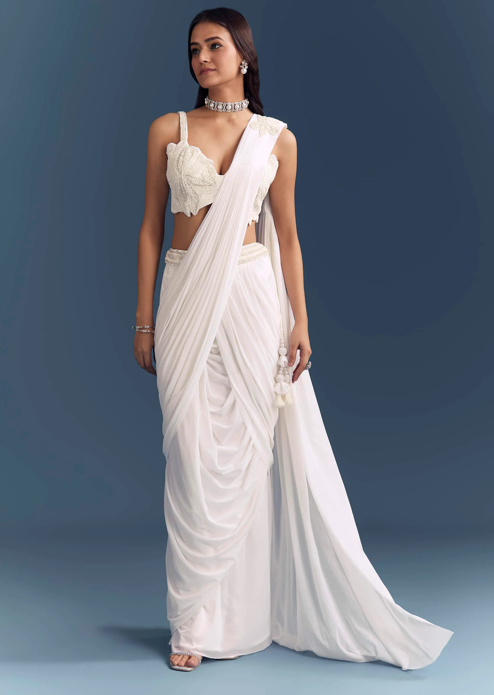 White Lycra Ready Pleated Saree With Intricate Hand Embroidery - Image 3