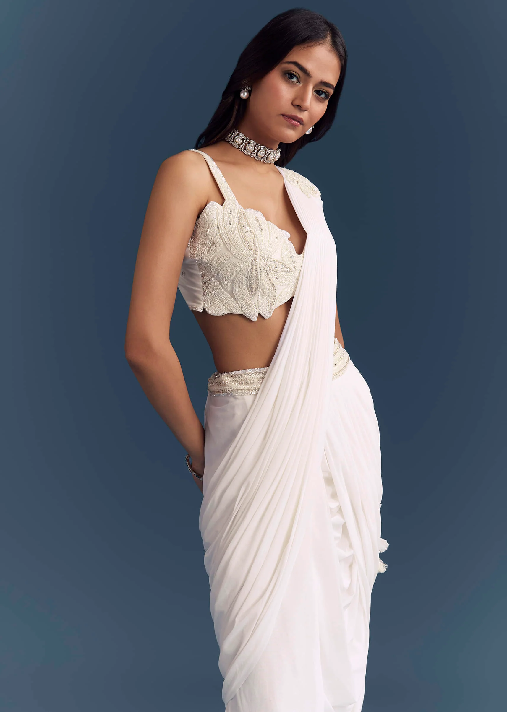White Lycra Ready Pleated Saree With Intricate Hand Embroidery - Image 4