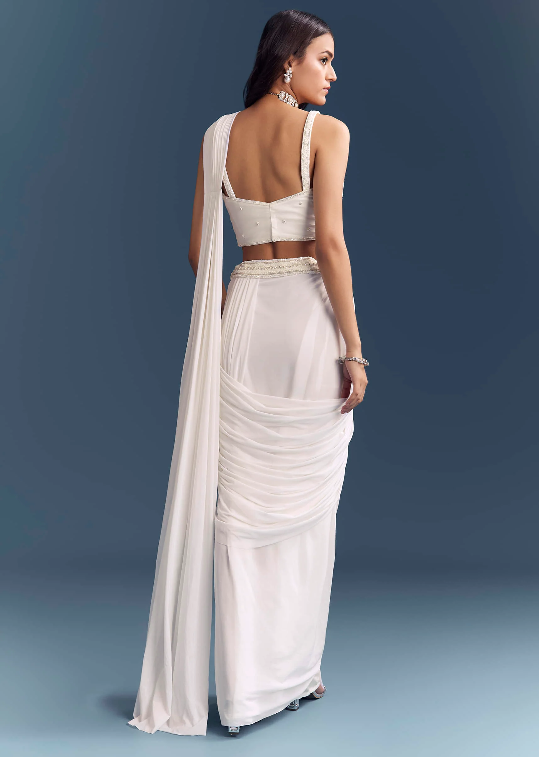 White Lycra Ready Pleated Saree With Intricate Hand Embroidery - Image 5