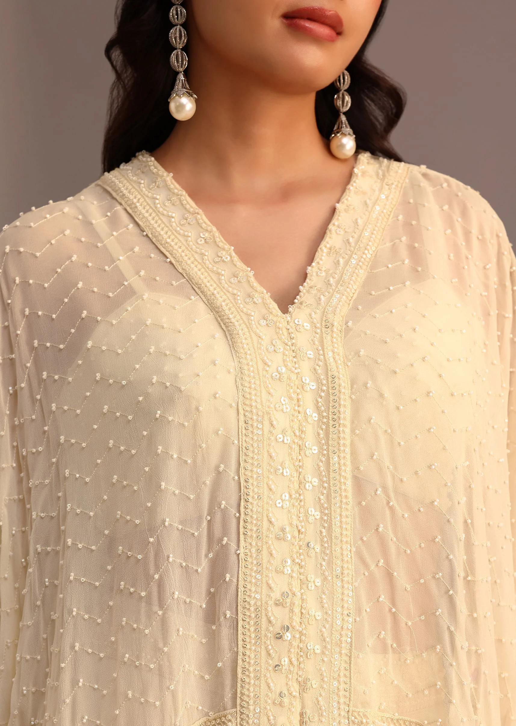 White Moti Work Croptop Palazzo Set With Cape - Image 2