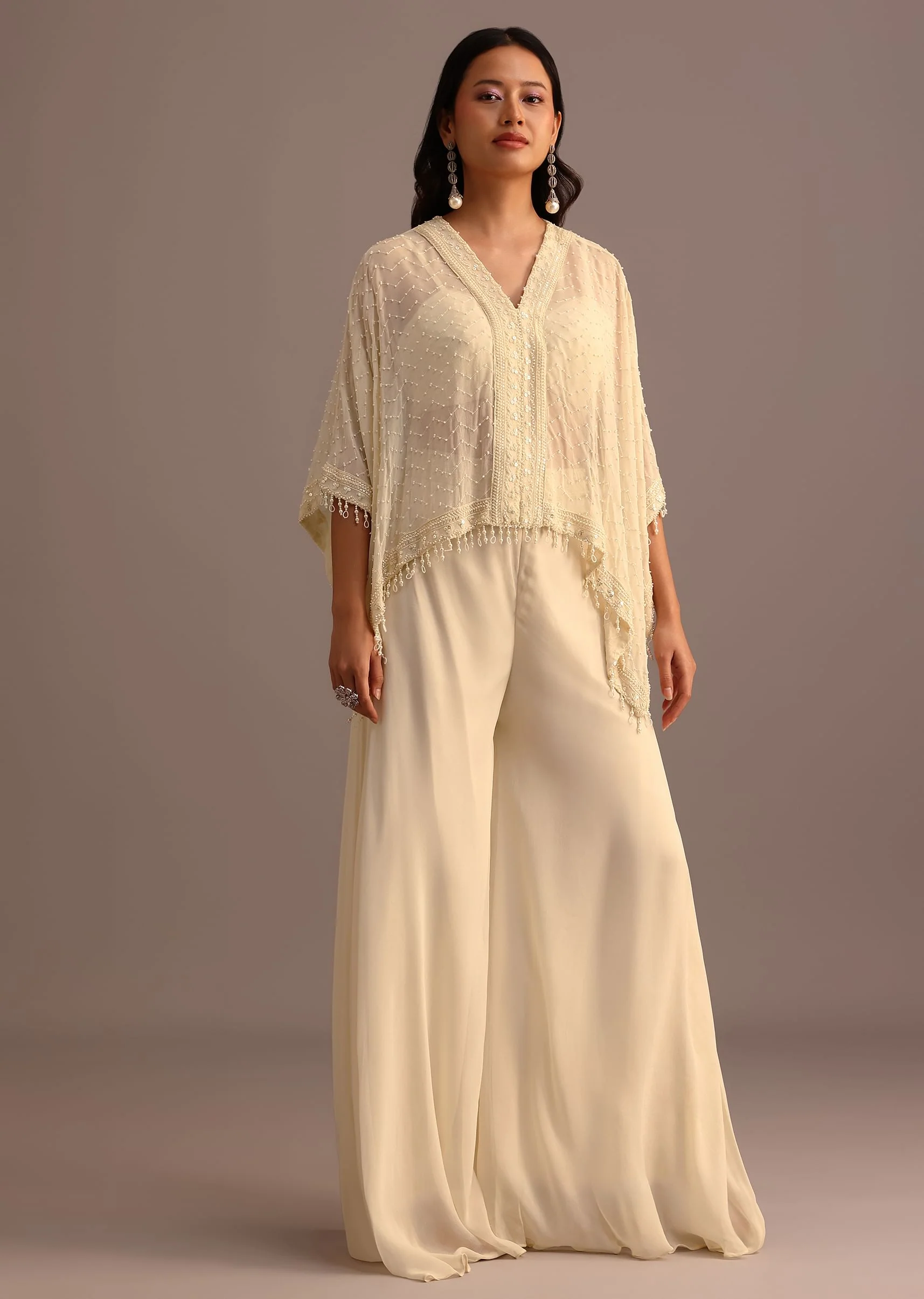 White Moti Work Croptop Palazzo Set With Cape - Image 3