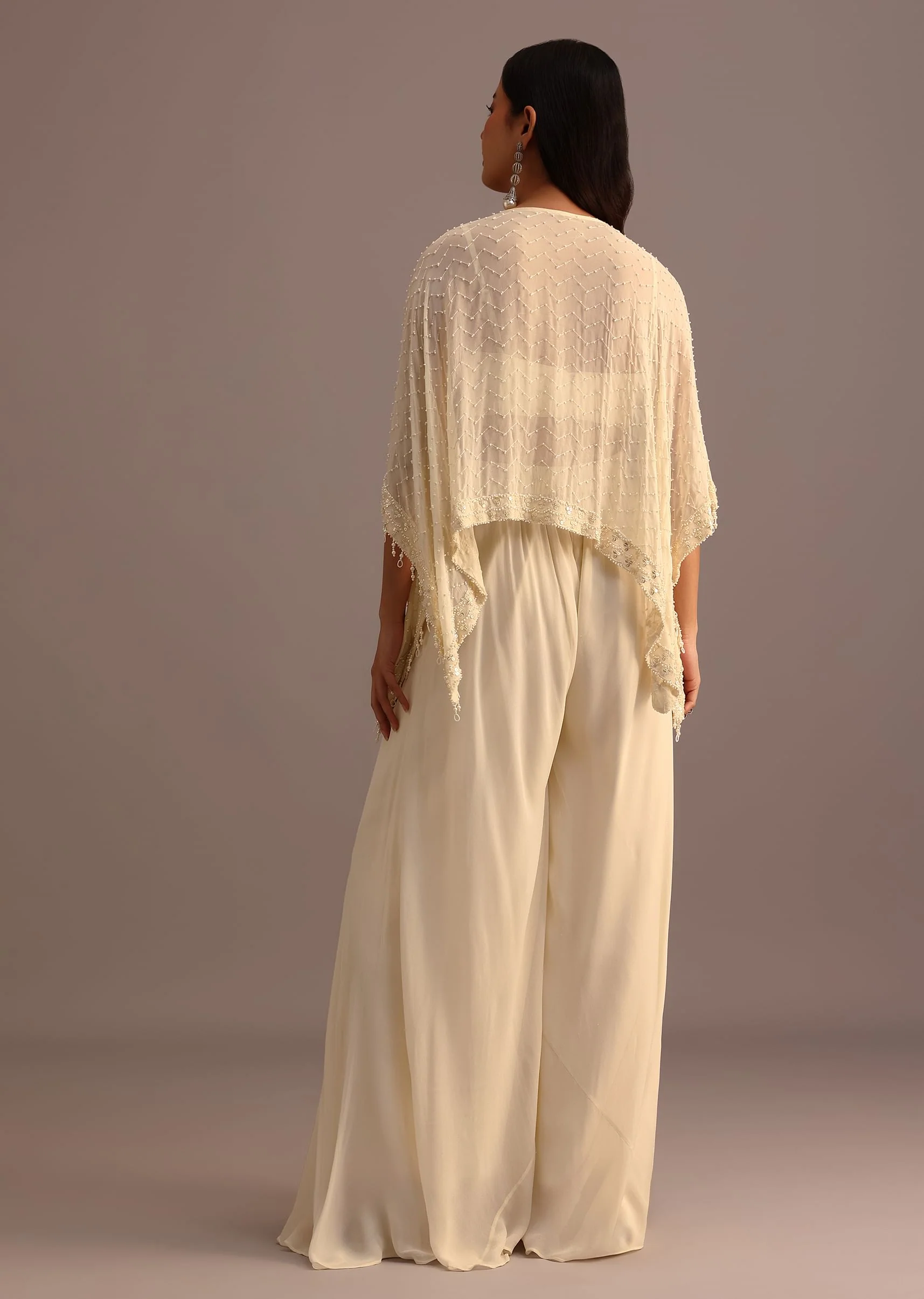 White Moti Work Croptop Palazzo Set With Cape - Image 5