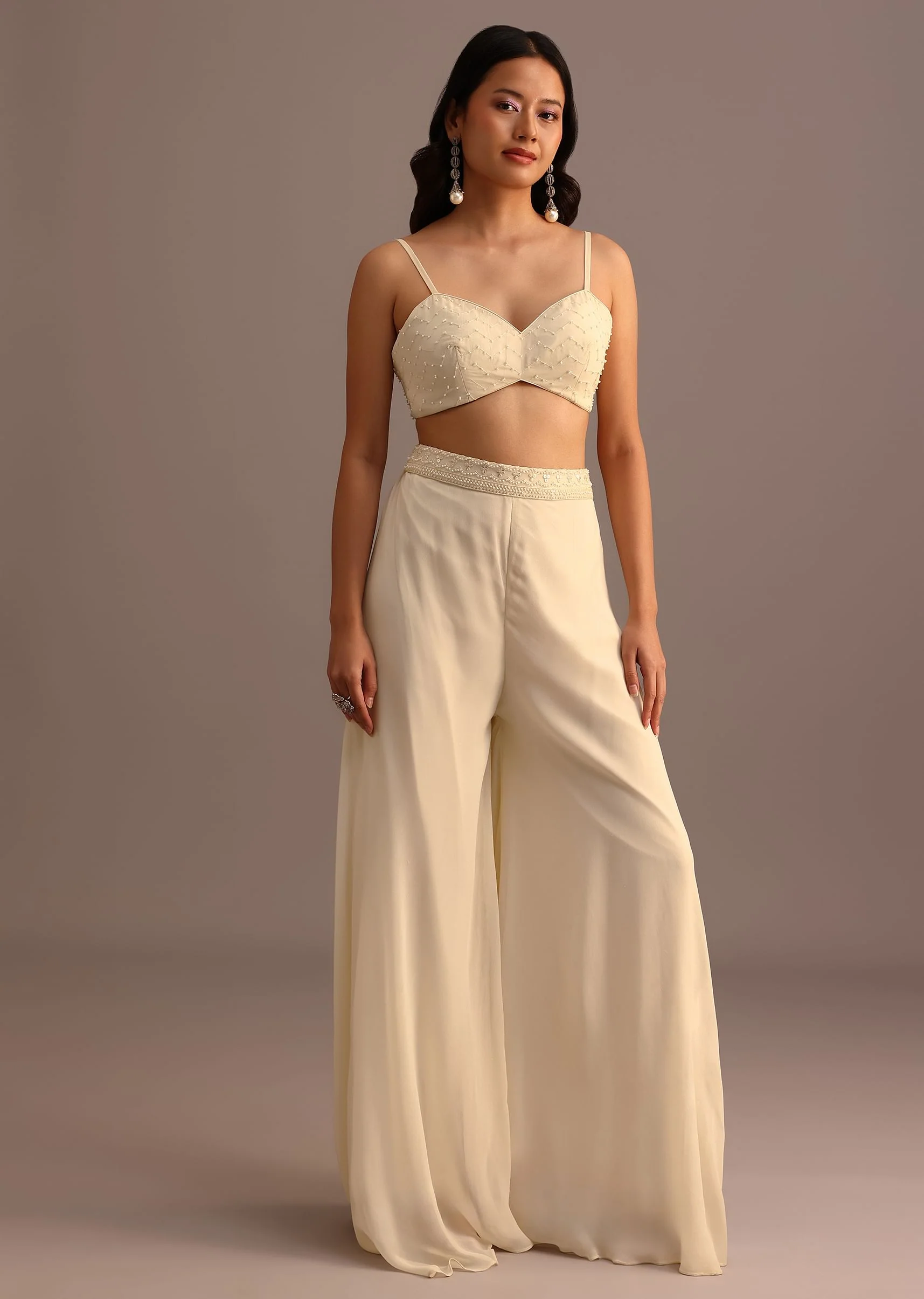 White Moti Work Croptop Palazzo Set With Cape - Image 6