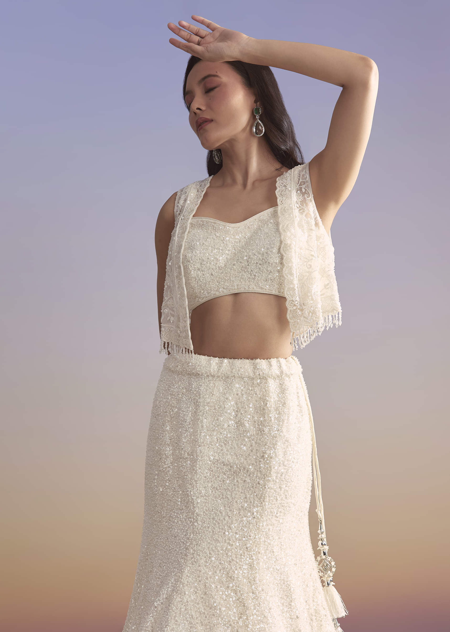 White Net Bridesmaid Lehenga With Sequins Work And Embellished Jacket - Image 5