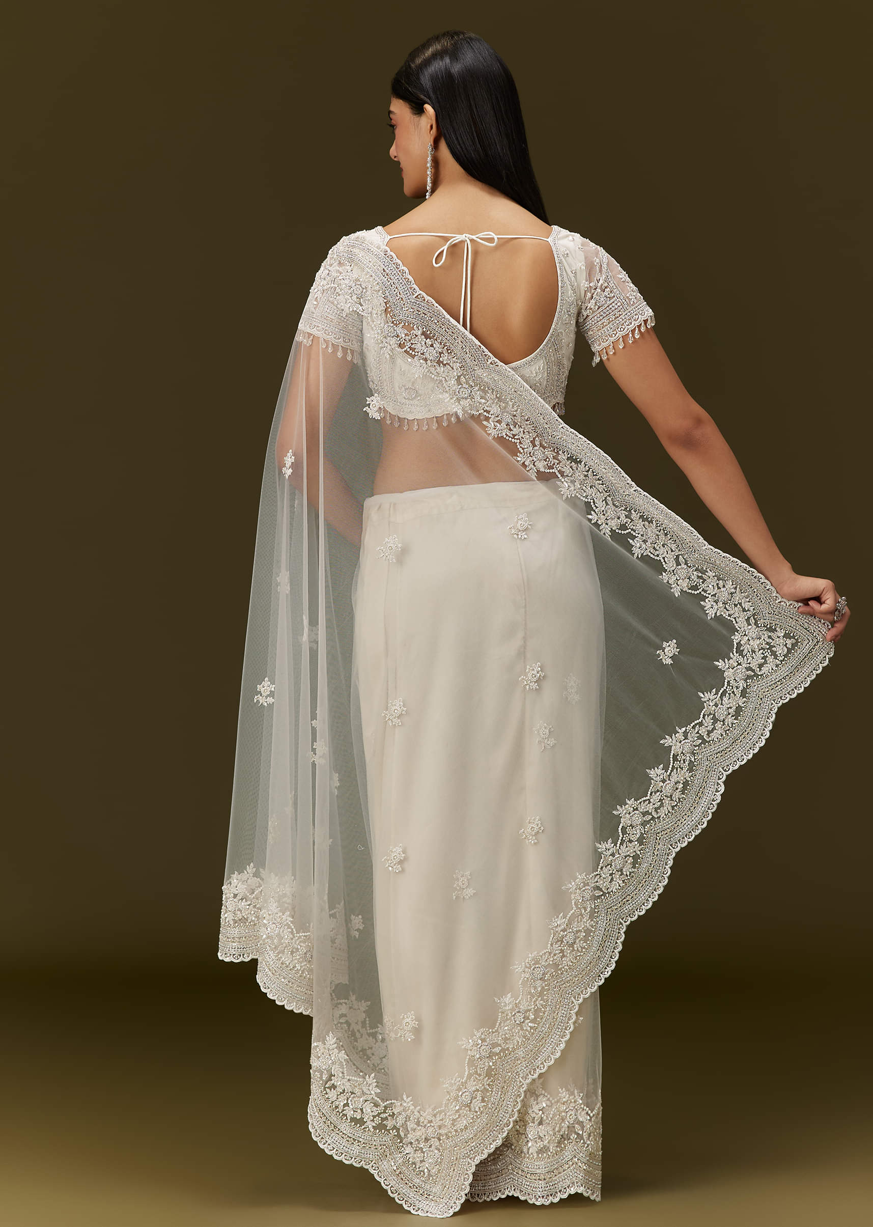 White Net Saree With All Over Embroidery - Image 6