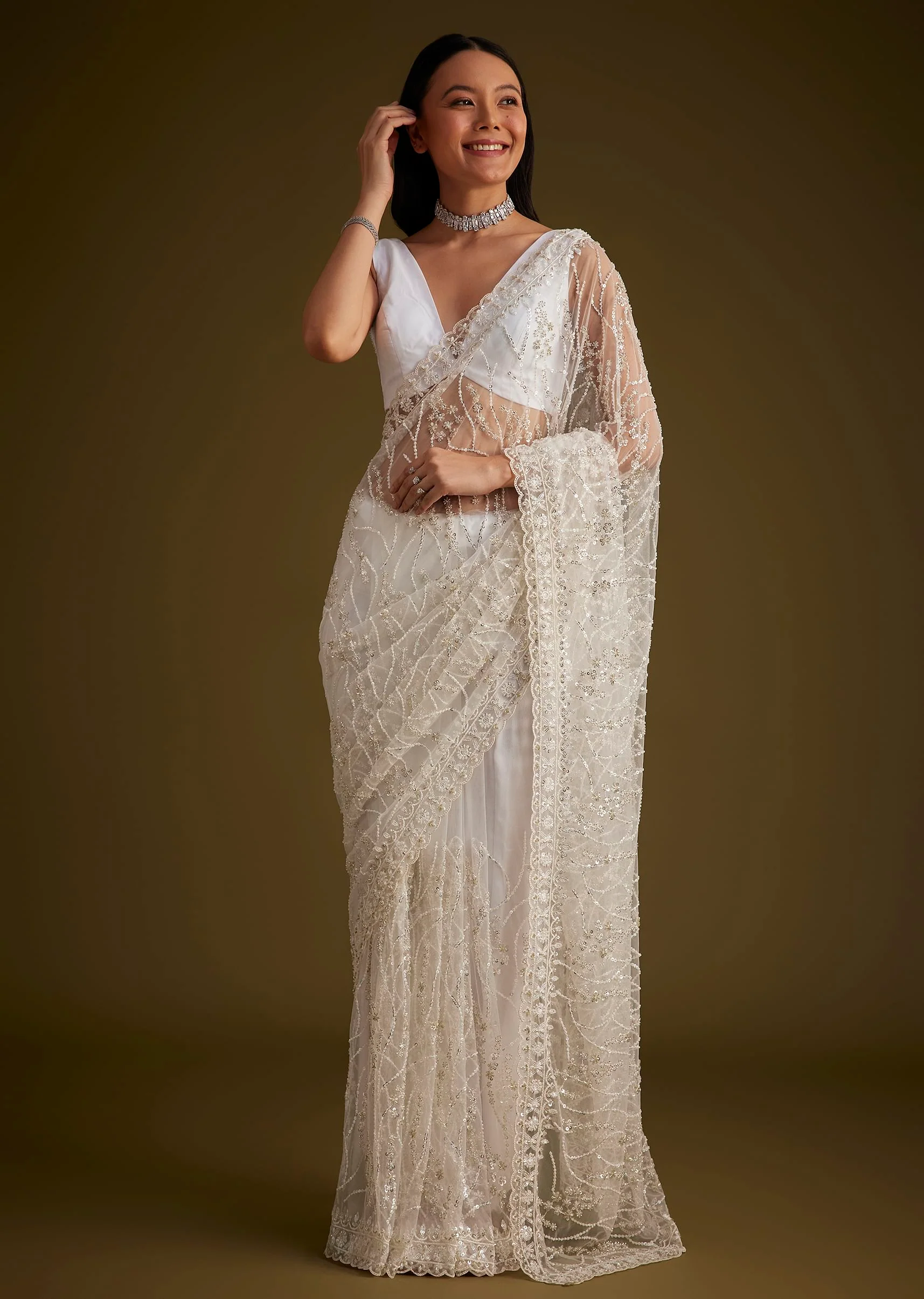White Net Saree With Sequins And Stones Embroidery - Image 3