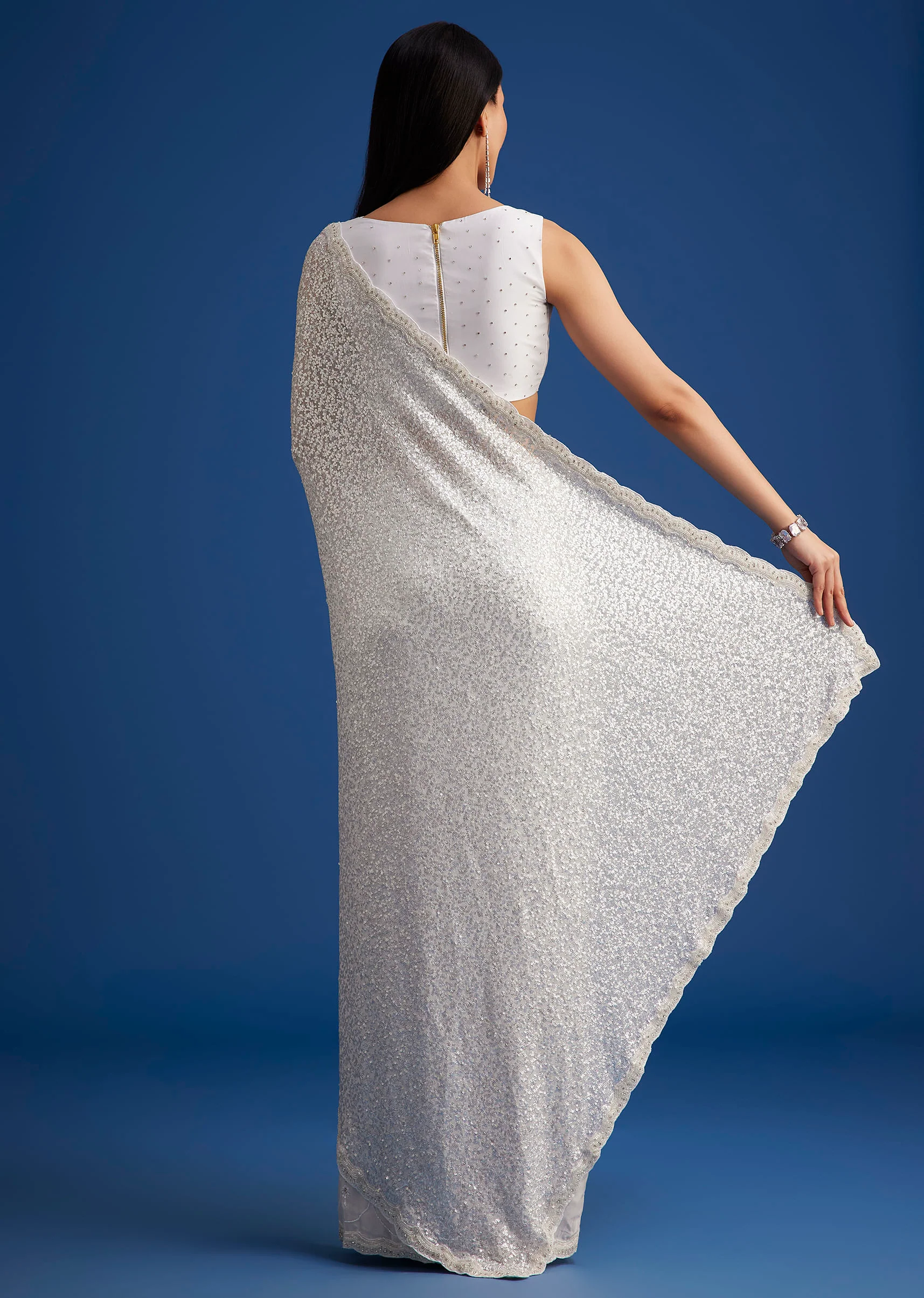 White Net Sequins Saree with Scalloped Embroidered Border - Image 4