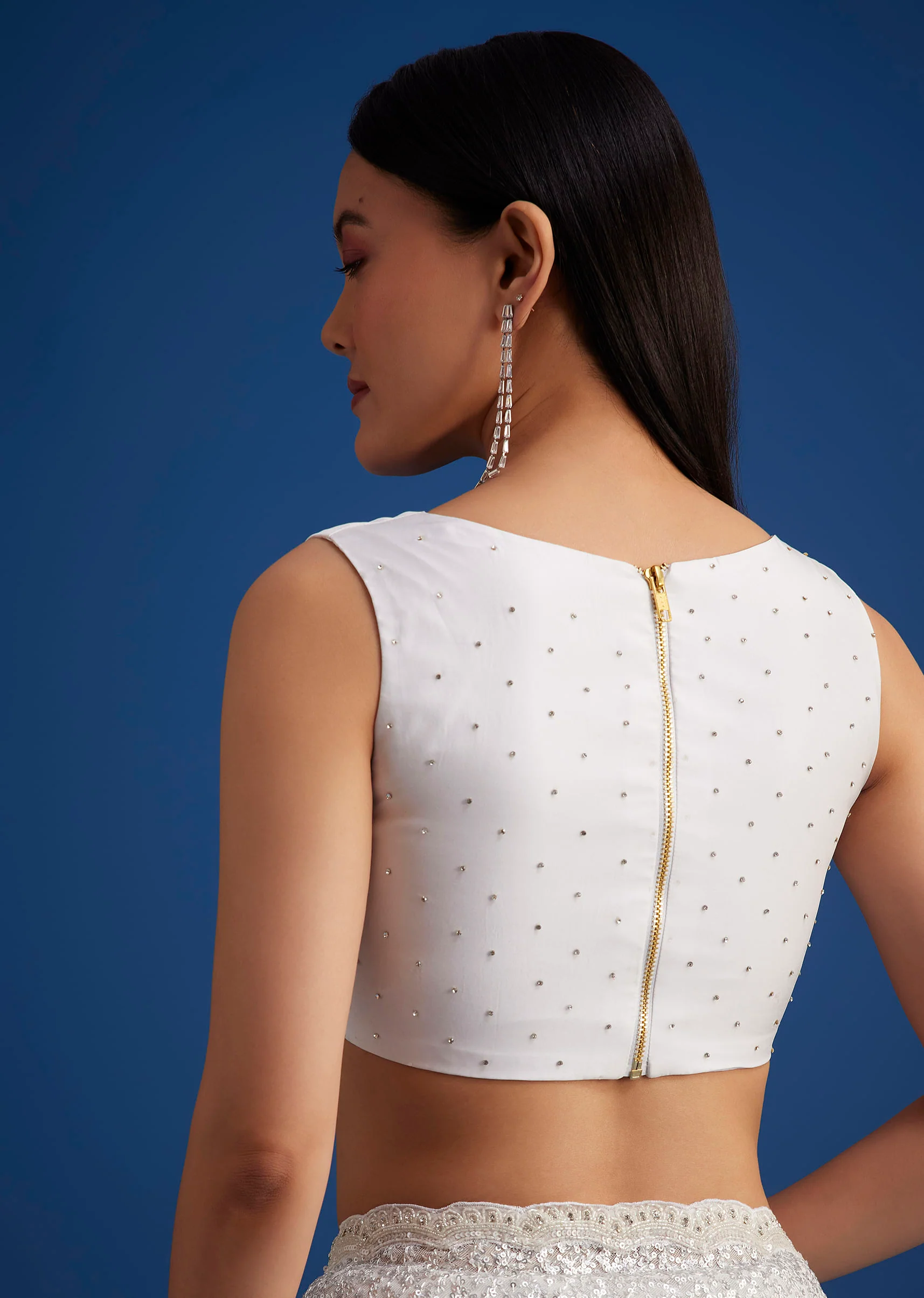 White Net Sequins Saree with Scalloped Embroidered Border - Image 8