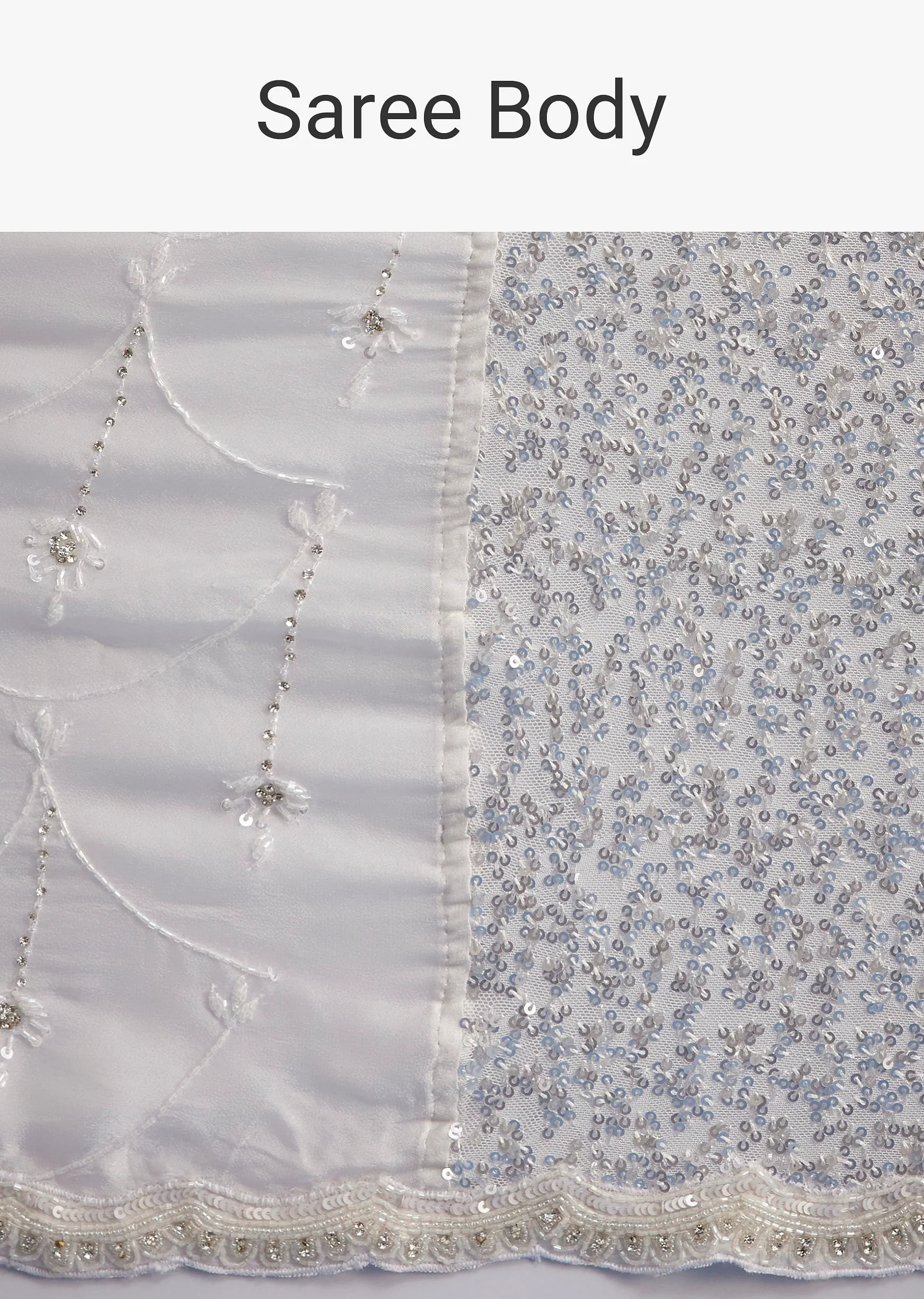 White Net Sequins Saree with Scalloped Embroidered Border - Image 9