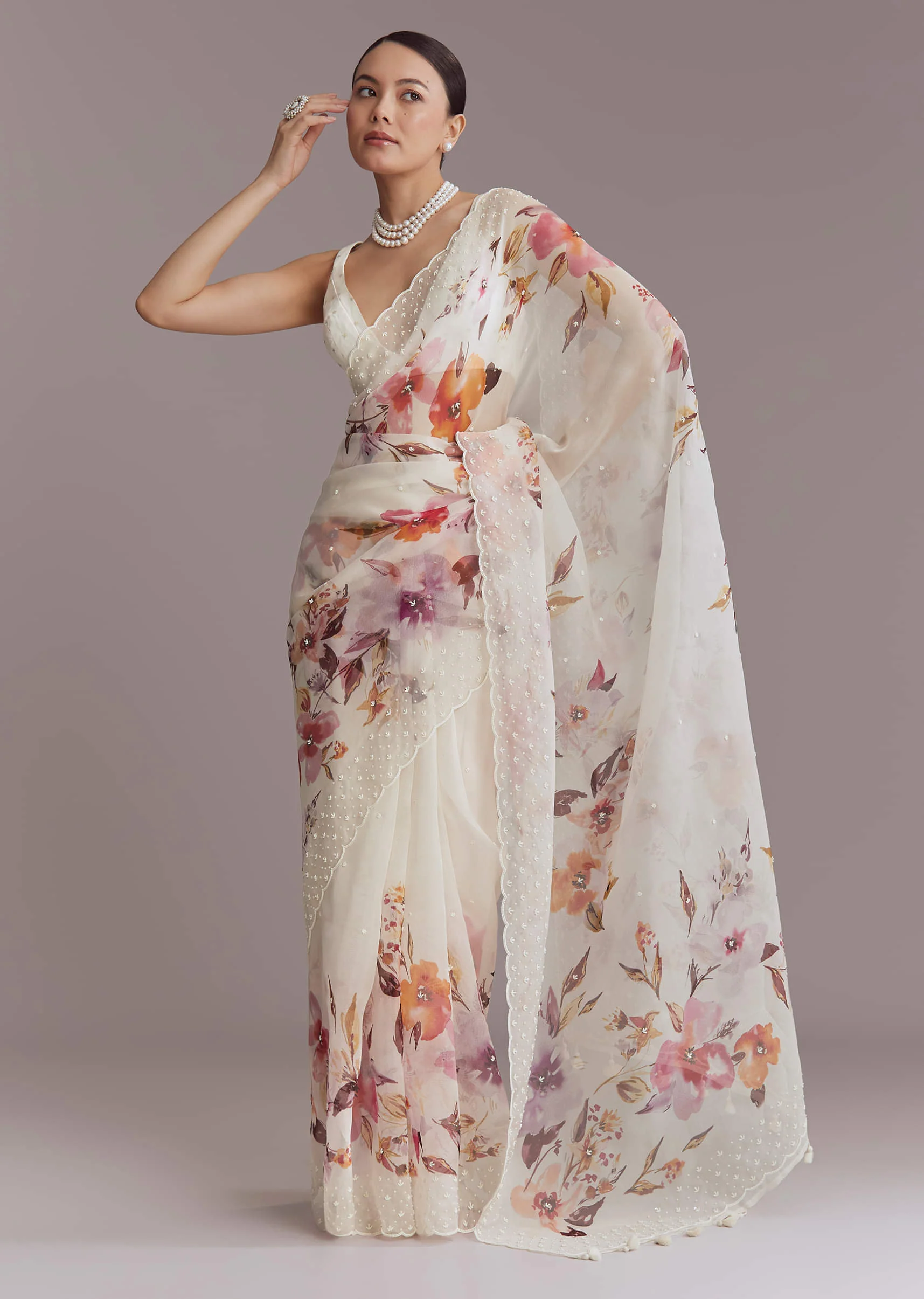 White Organza Printed Saree With Bead Embroidery