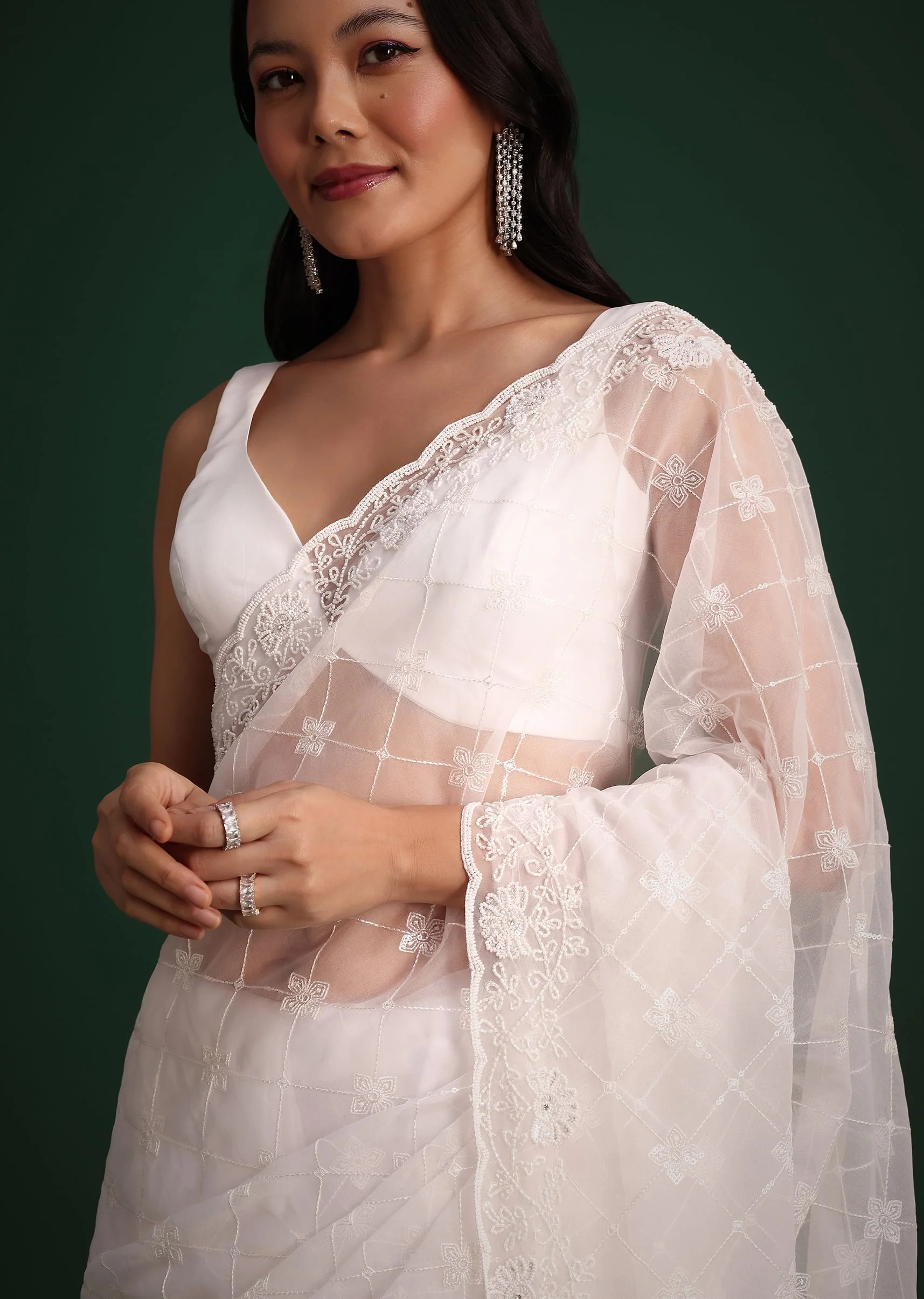 White Organza Saree With Cutdana And Sequin Embroidery - Image 2