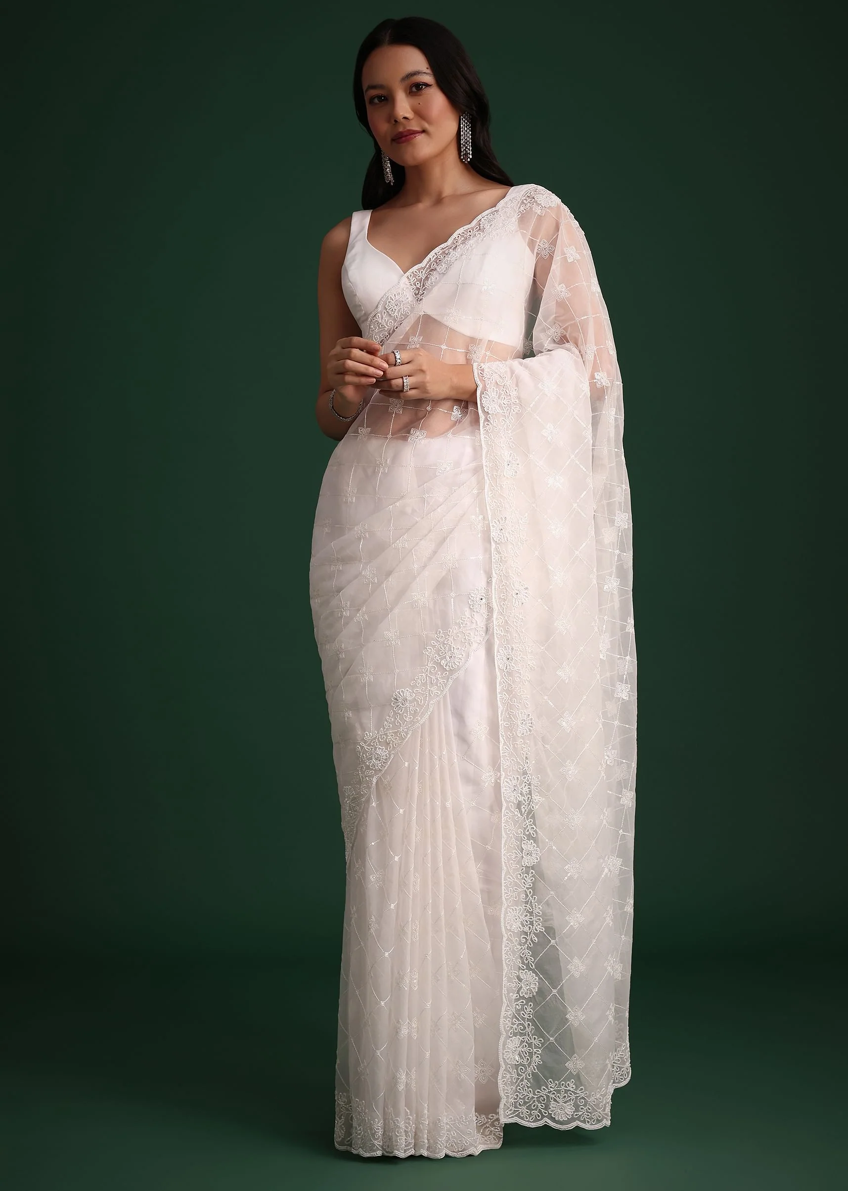White Organza Saree With Cutdana And Sequin Embroidery - Image 3