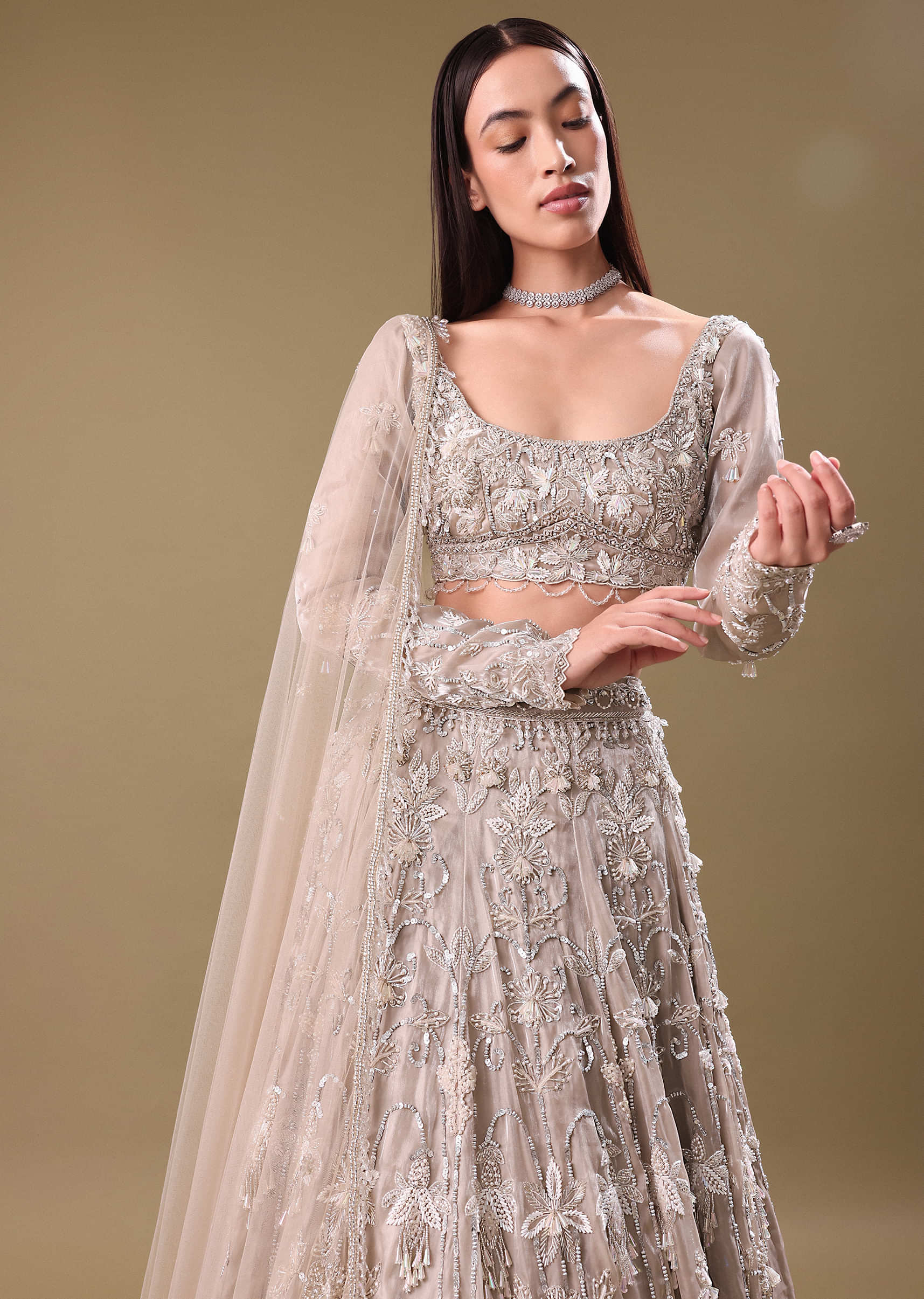 White Oyester Hand Embroidered Lehenga And Blouse Set - Image 2