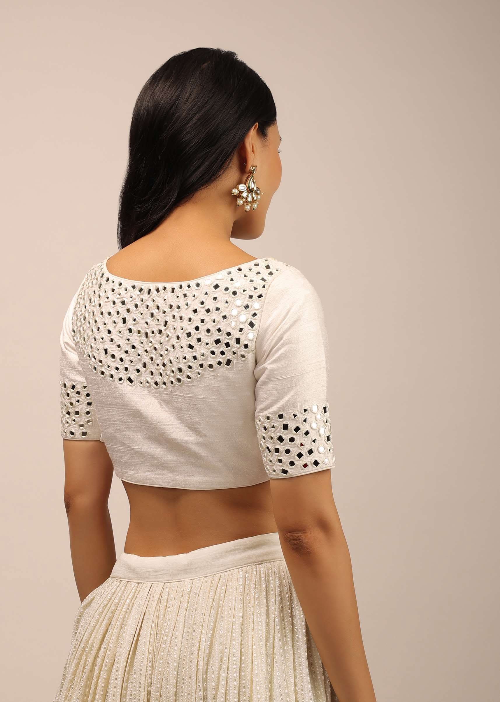 White Padded Blouse With Mirror Work And Half Sleeves - Image 2
