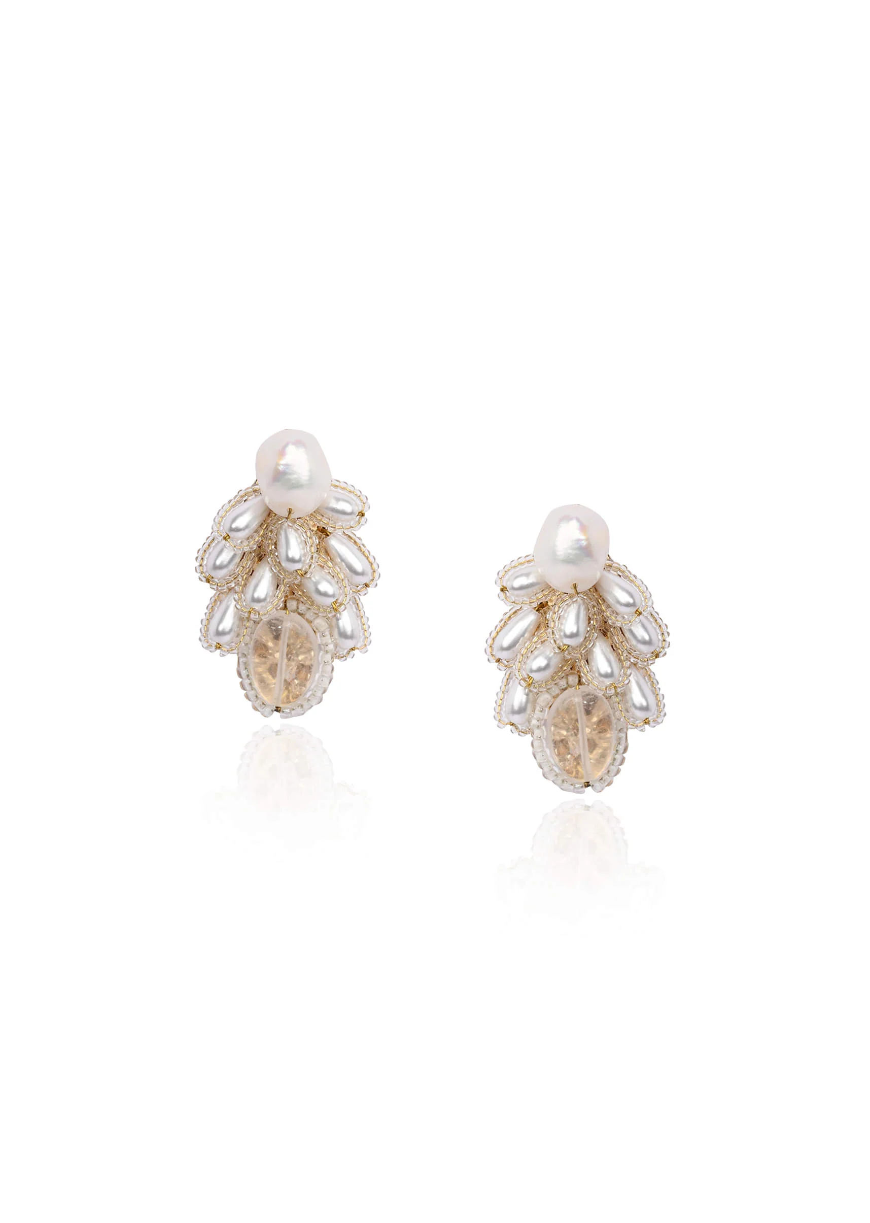 White Pearl Drop Pearl Triangle Earrings - Image 2