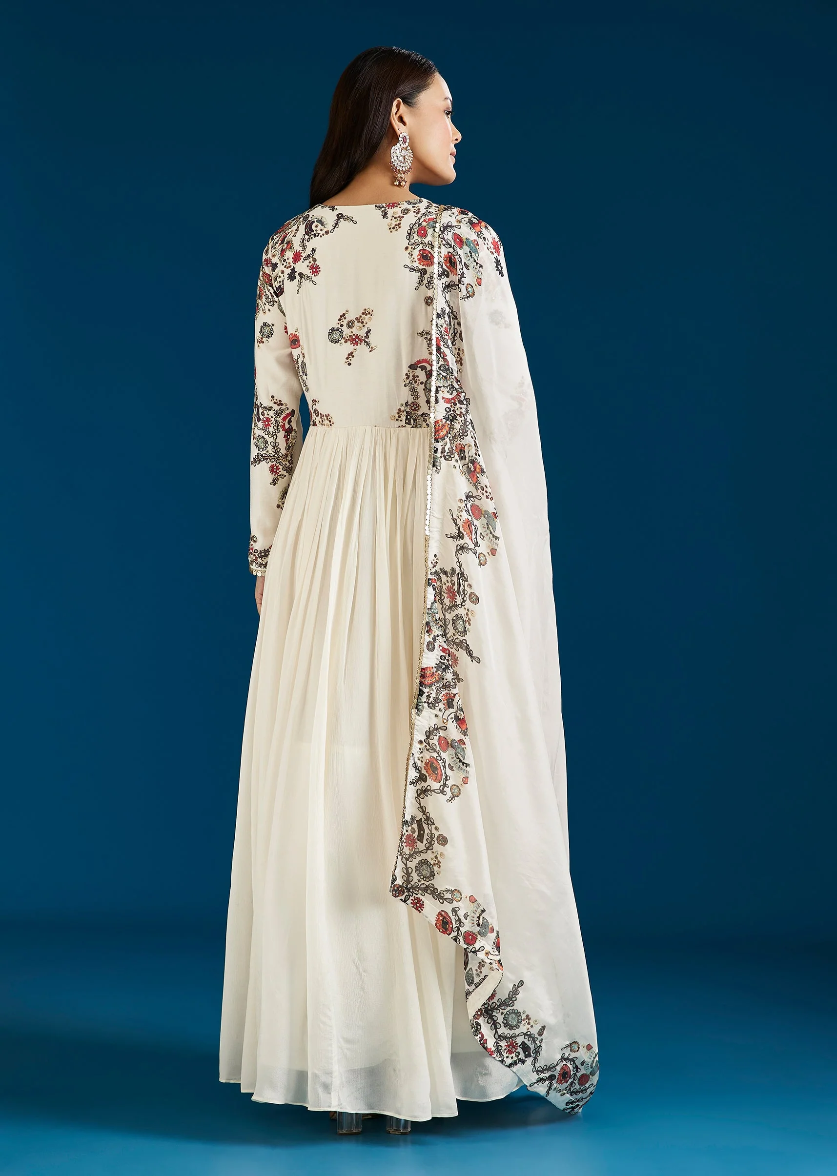 White Printed Chinon Anarkali Suit With Dupatta - Image 5