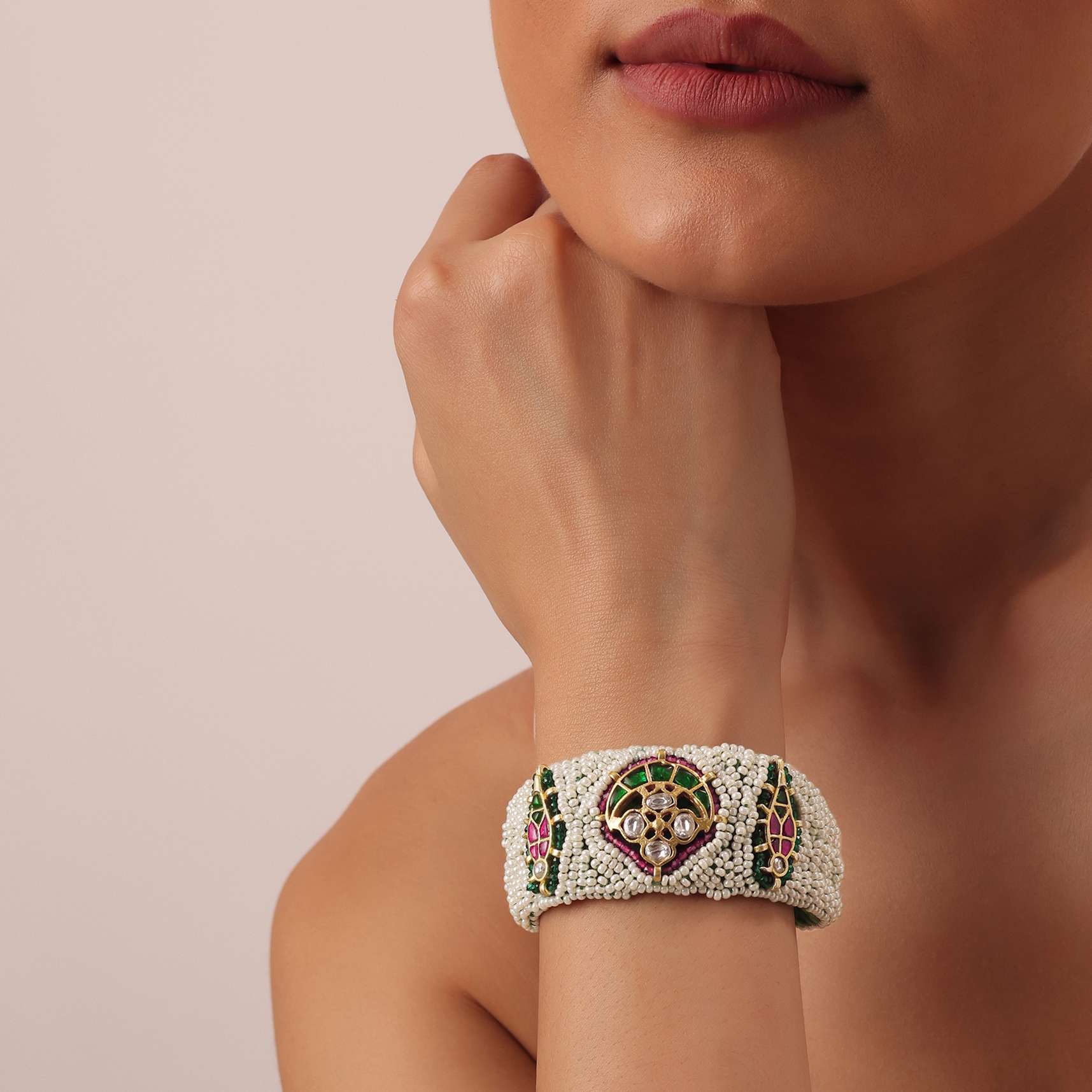 White Rajasthani Ponchi Bracelet With Studded Kundan And Enamel Work - Image 3