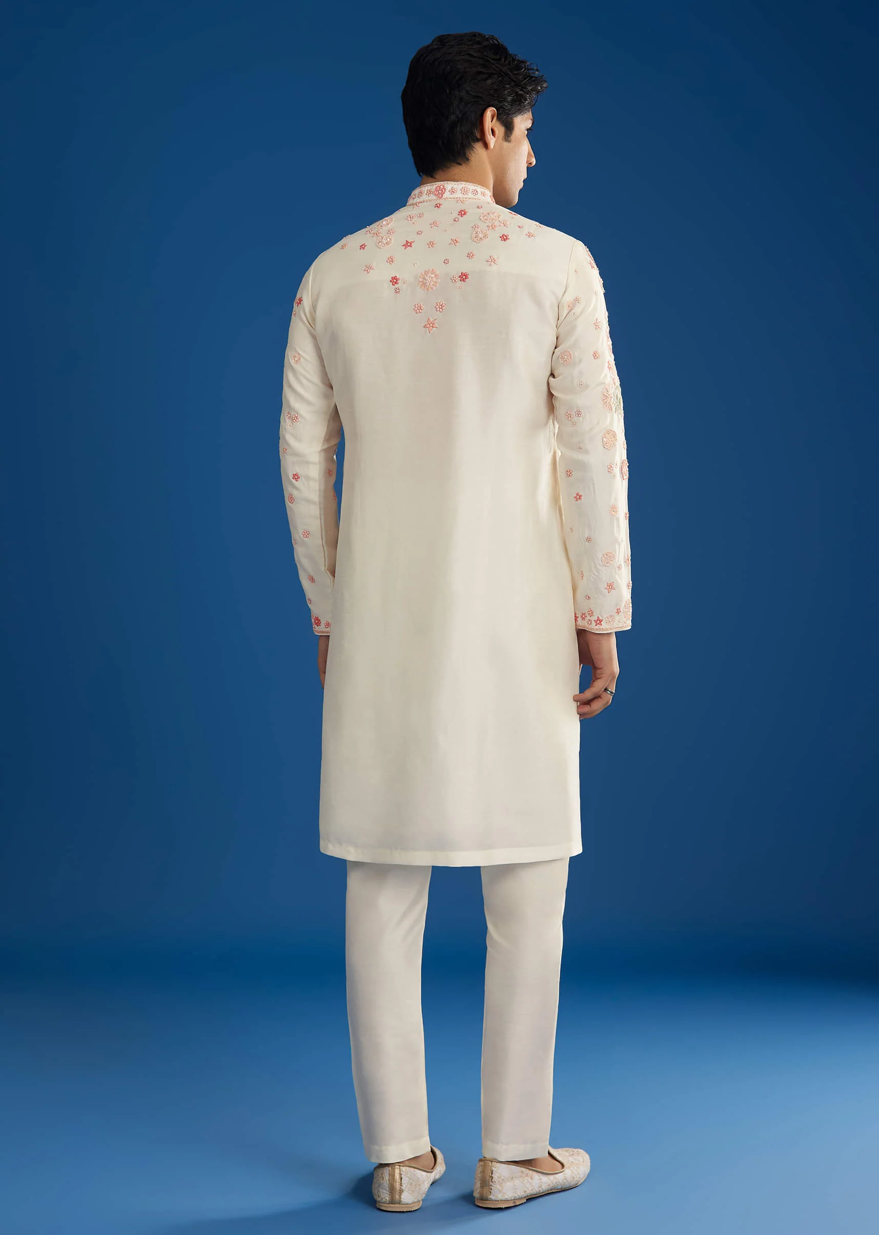 White Rawsilk Kurta Set With Floral Resham Embroidery - Image 6