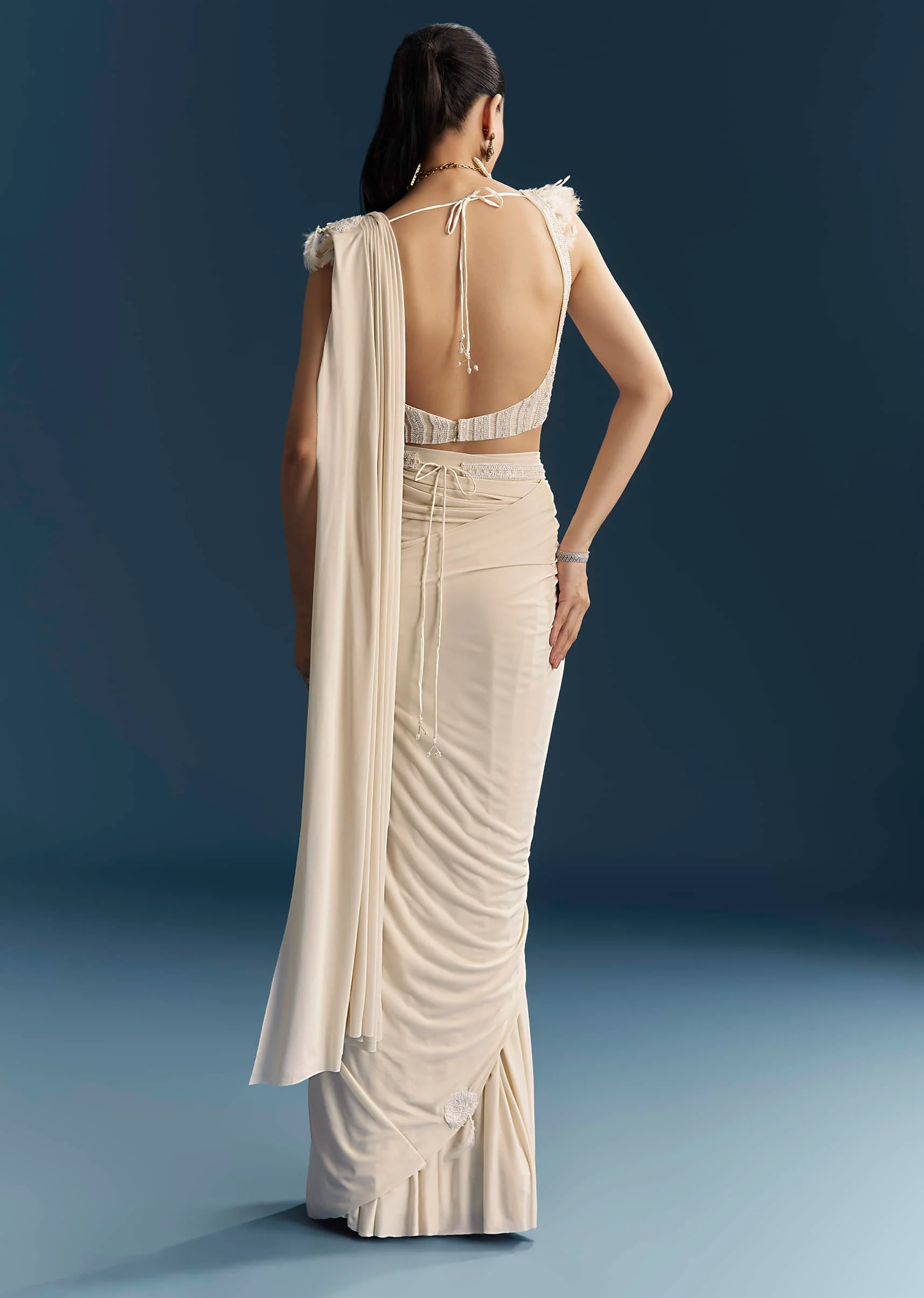 White Ready Pleated Saree With Cutdana Work - Image 5