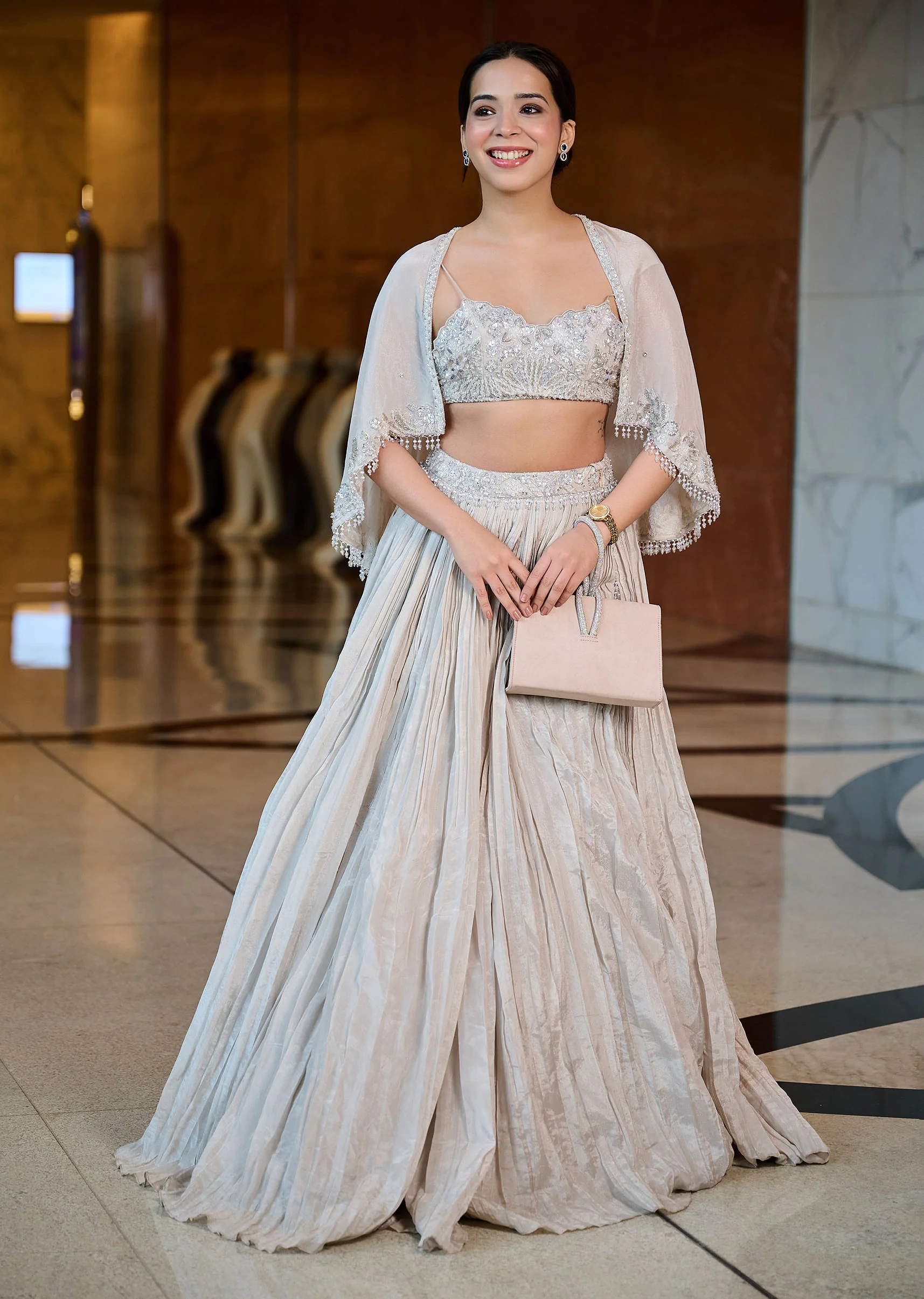 White Ruched Lehenga With Spaghetti Blouse And Cape - Image 3