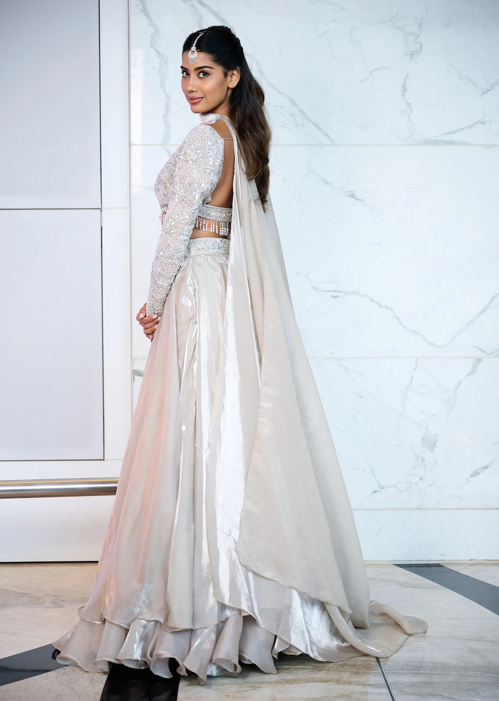 White Ruffle Lehenga With Blouse And Choker Dupatta - Image 10