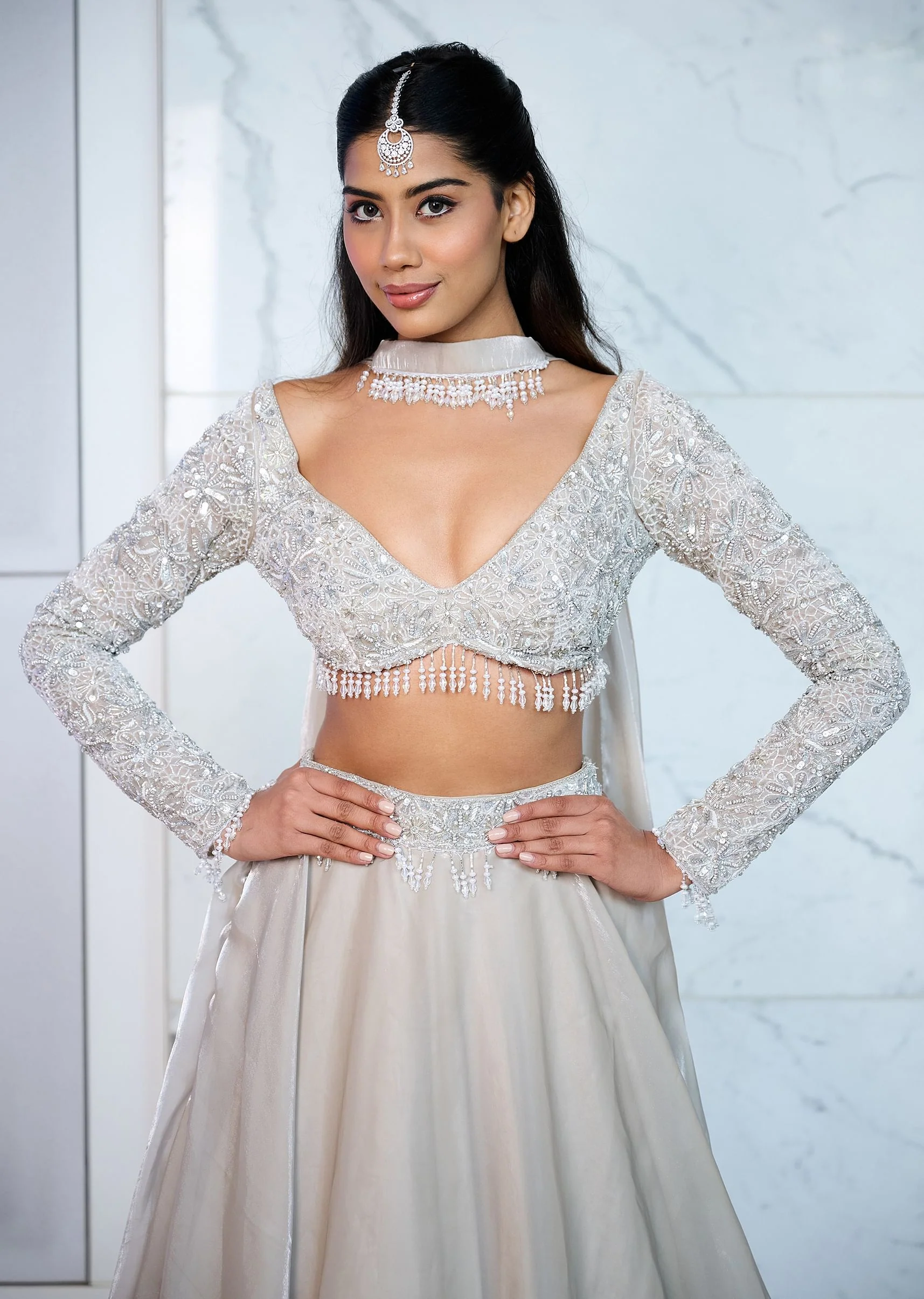 White Ruffle Lehenga With Blouse And Choker Dupatta - Image 3