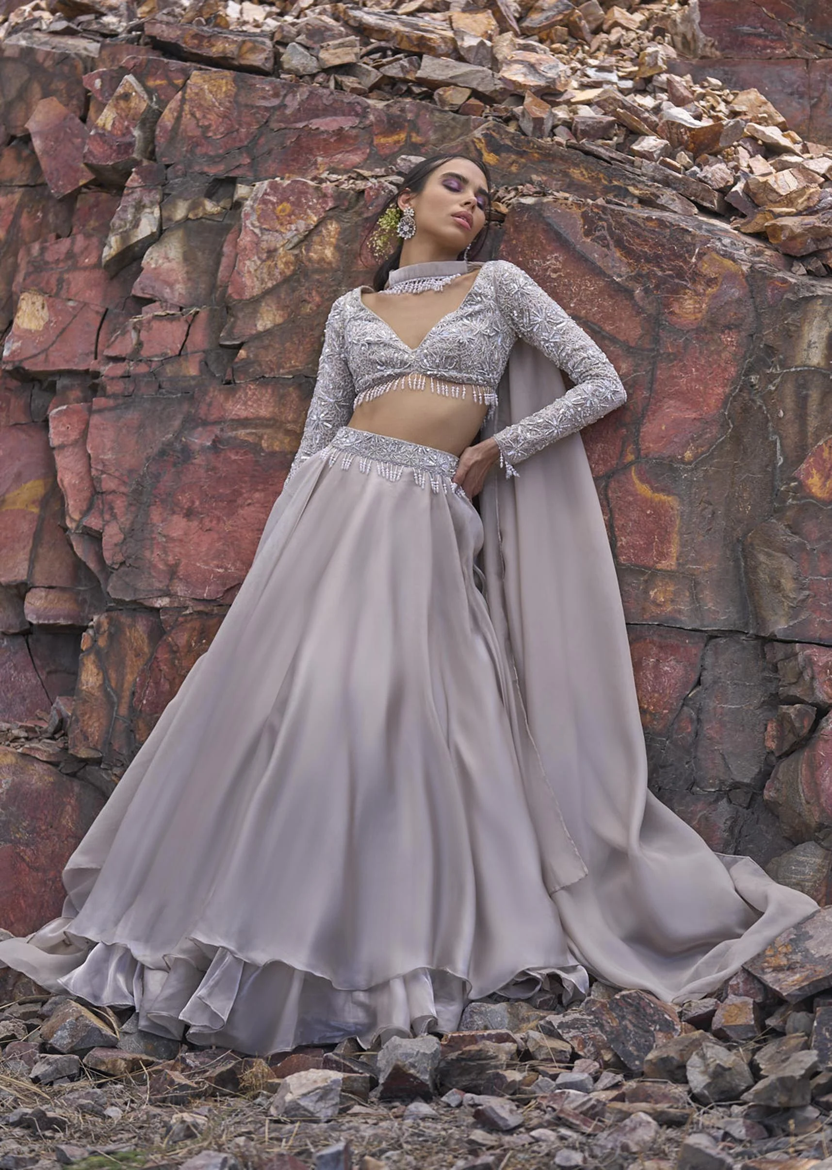 White Ruffle Lehenga With Blouse And Choker Dupatta - Image 9