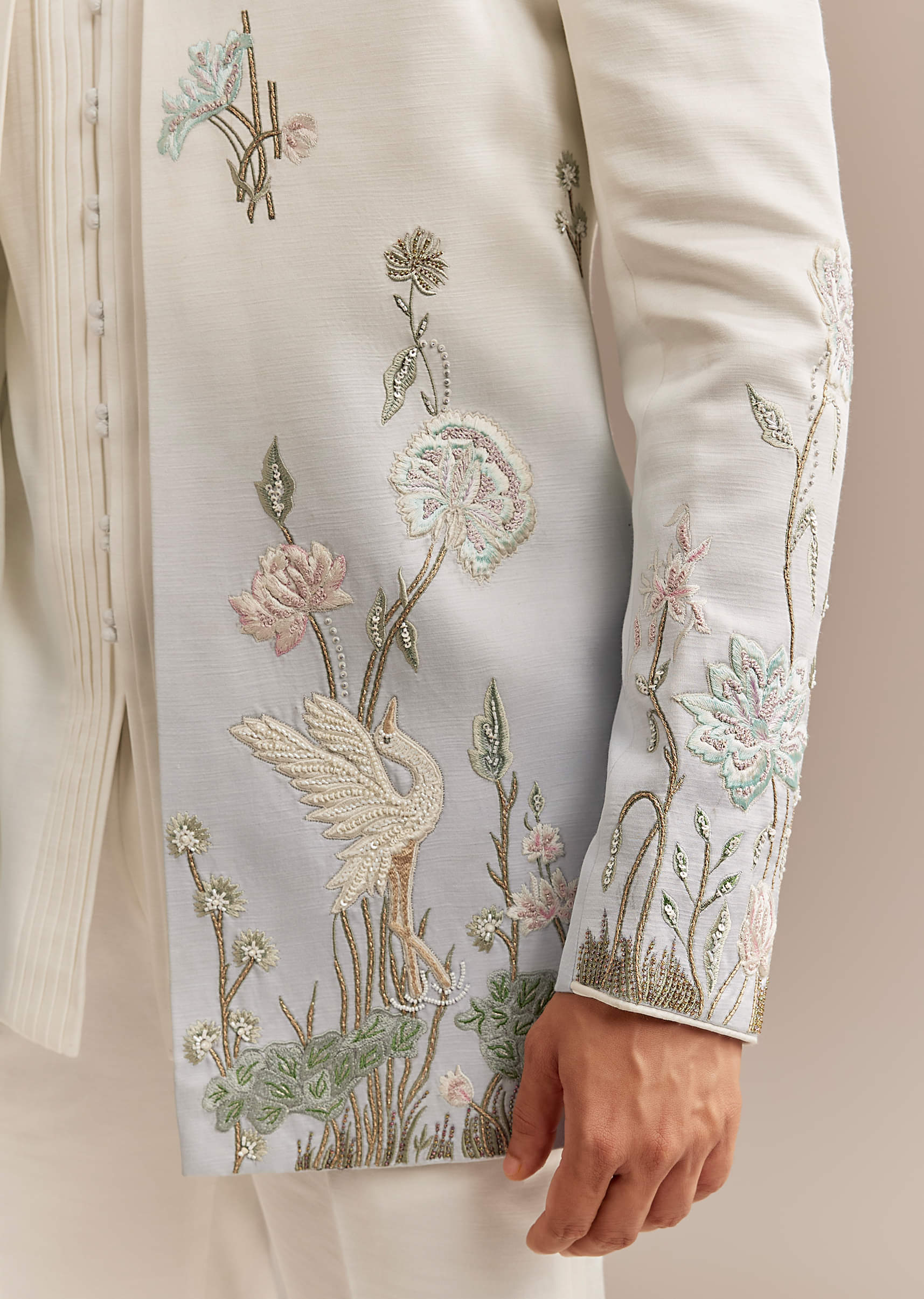 White Satin Silk Indo Western Set For Men With Pastel Embroidery - Image 2