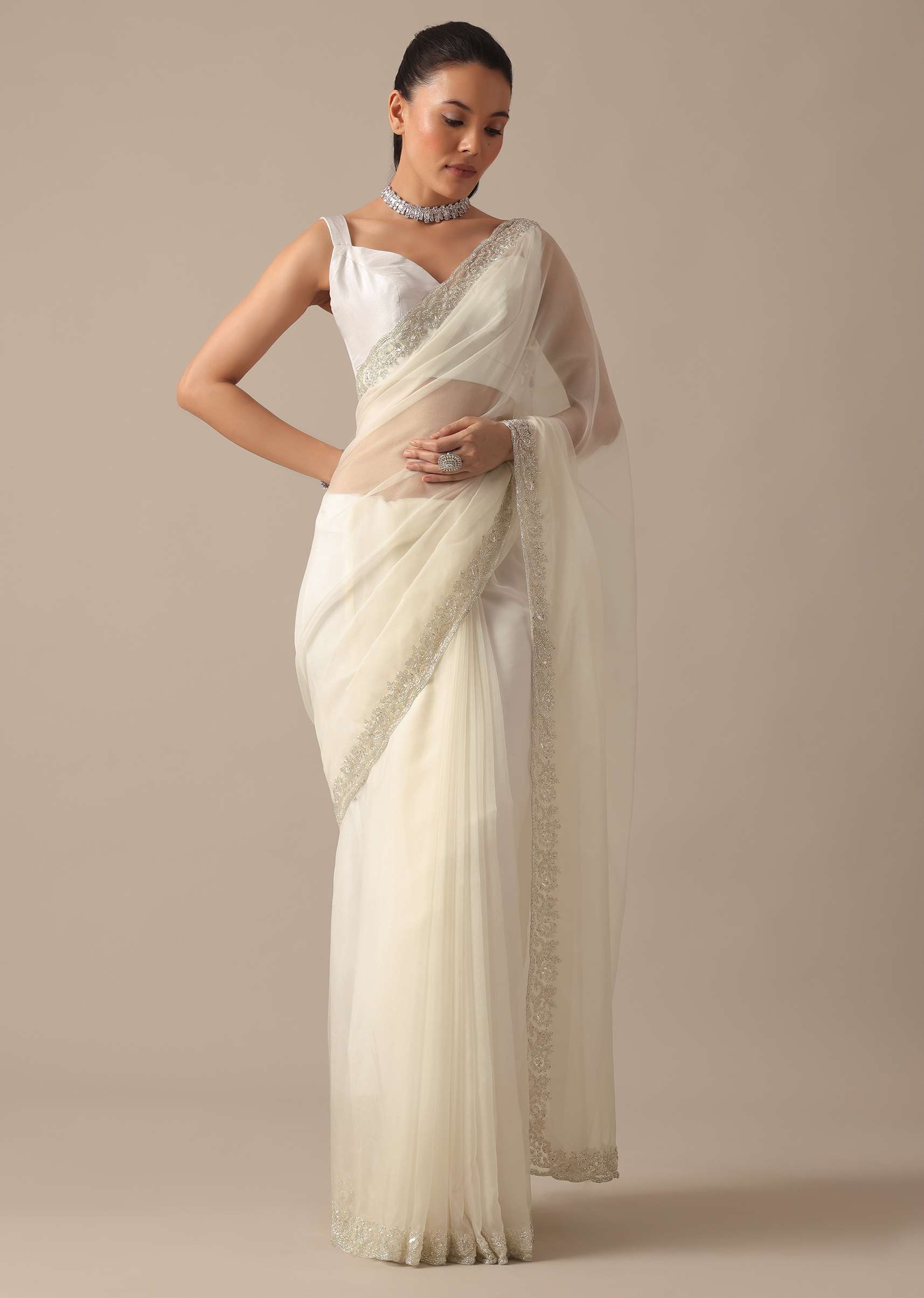 White Sheer Organza Saree With Scallop Cutwork And Unstitched Blouse Piece - Image 3