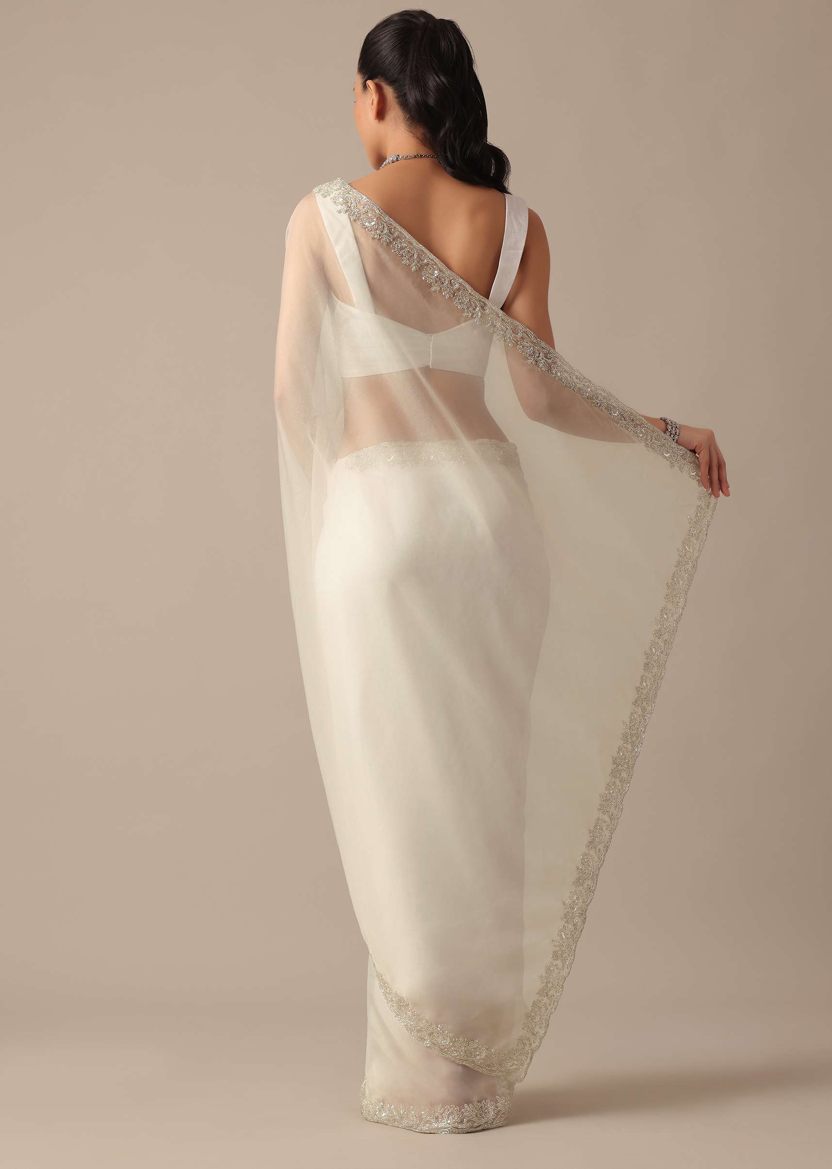 White Sheer Organza Saree With Scallop Cutwork And Unstitched Blouse Piece - Image 4