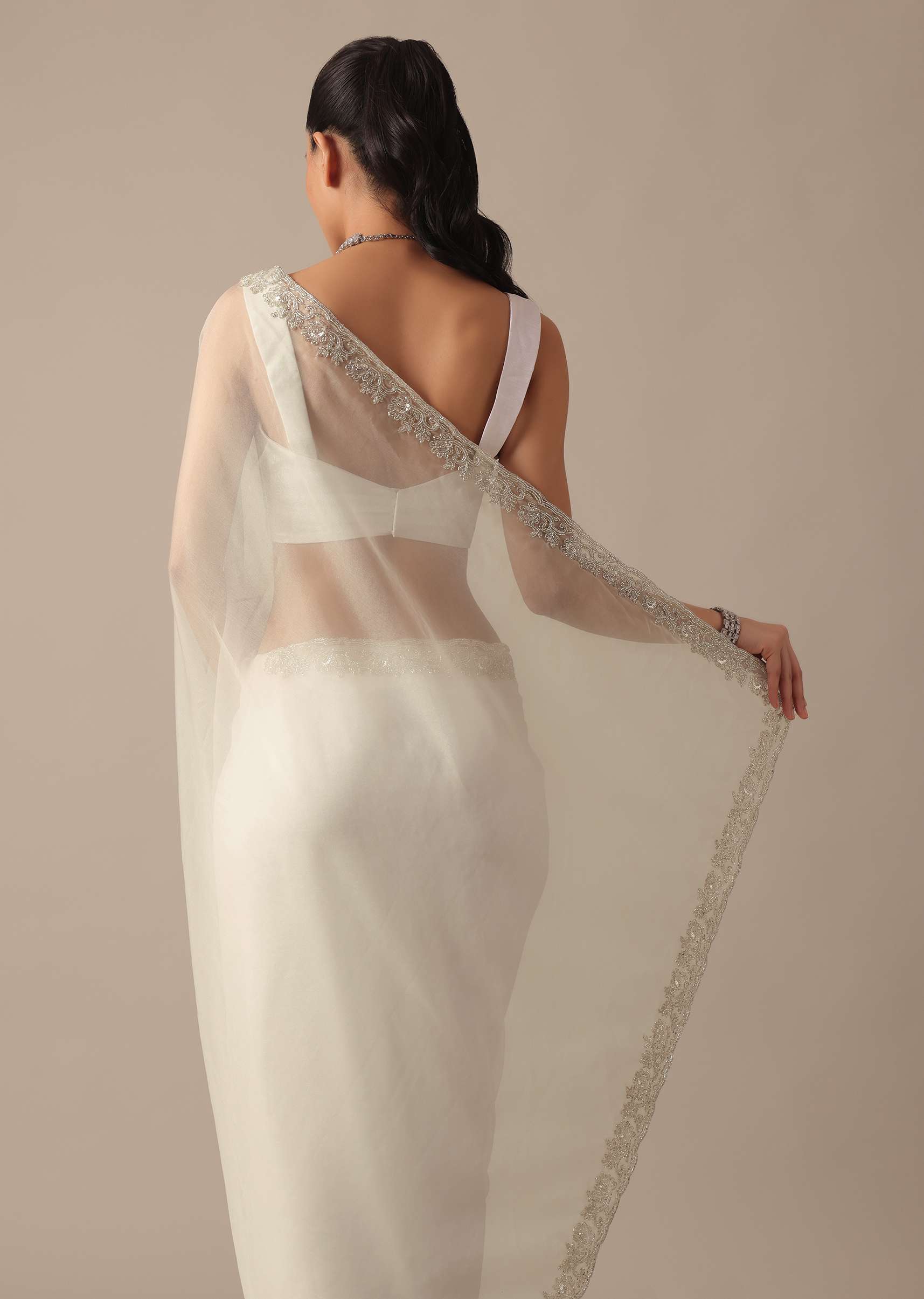 White Sheer Organza Saree With Scallop Cutwork And Unstitched Blouse Piece - Image 6