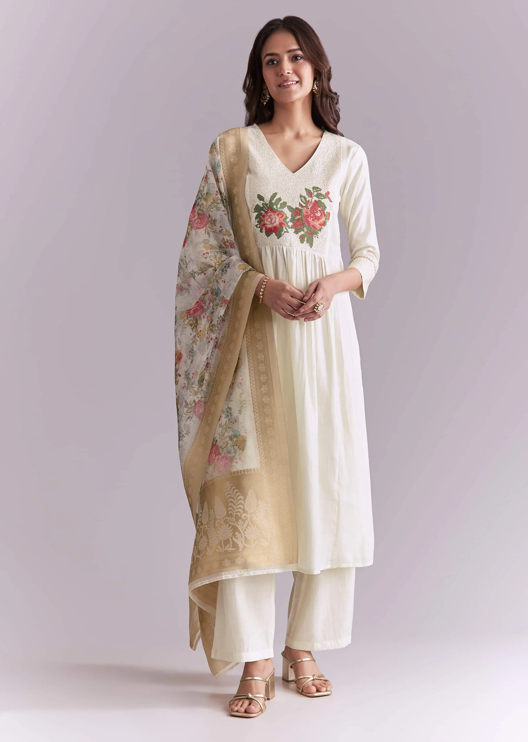 White Silk Anarkali Suit With Rose Motif And Thread Work - Image 3