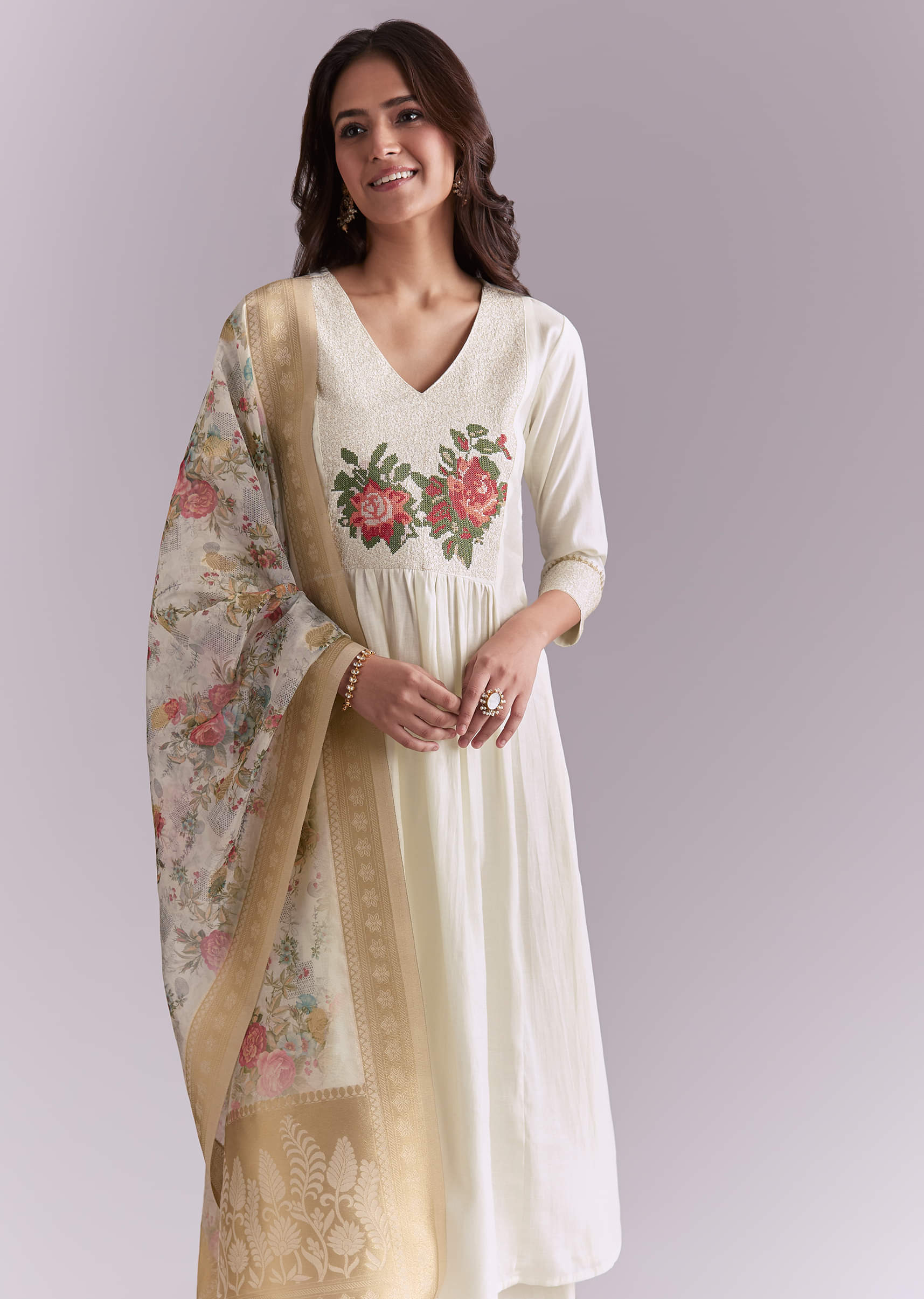 White Silk Anarkali Suit With Rose Motif And Thread Work - Image 4