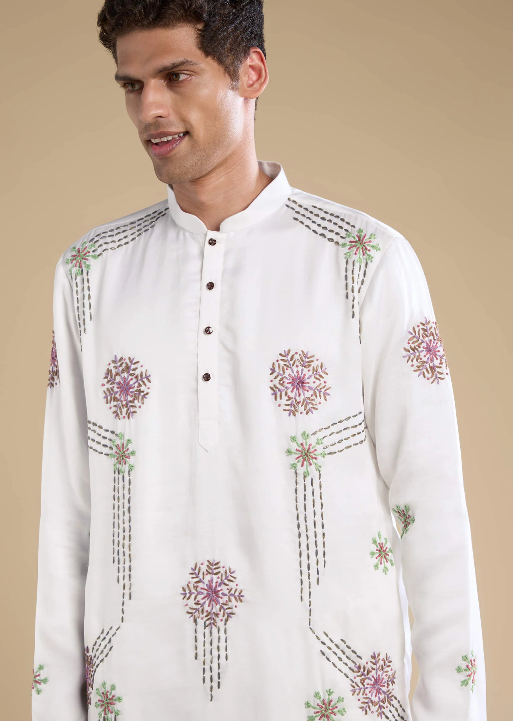 White Silk Blend Mens Kurta Set with Bandhani Dupatta - Image 4