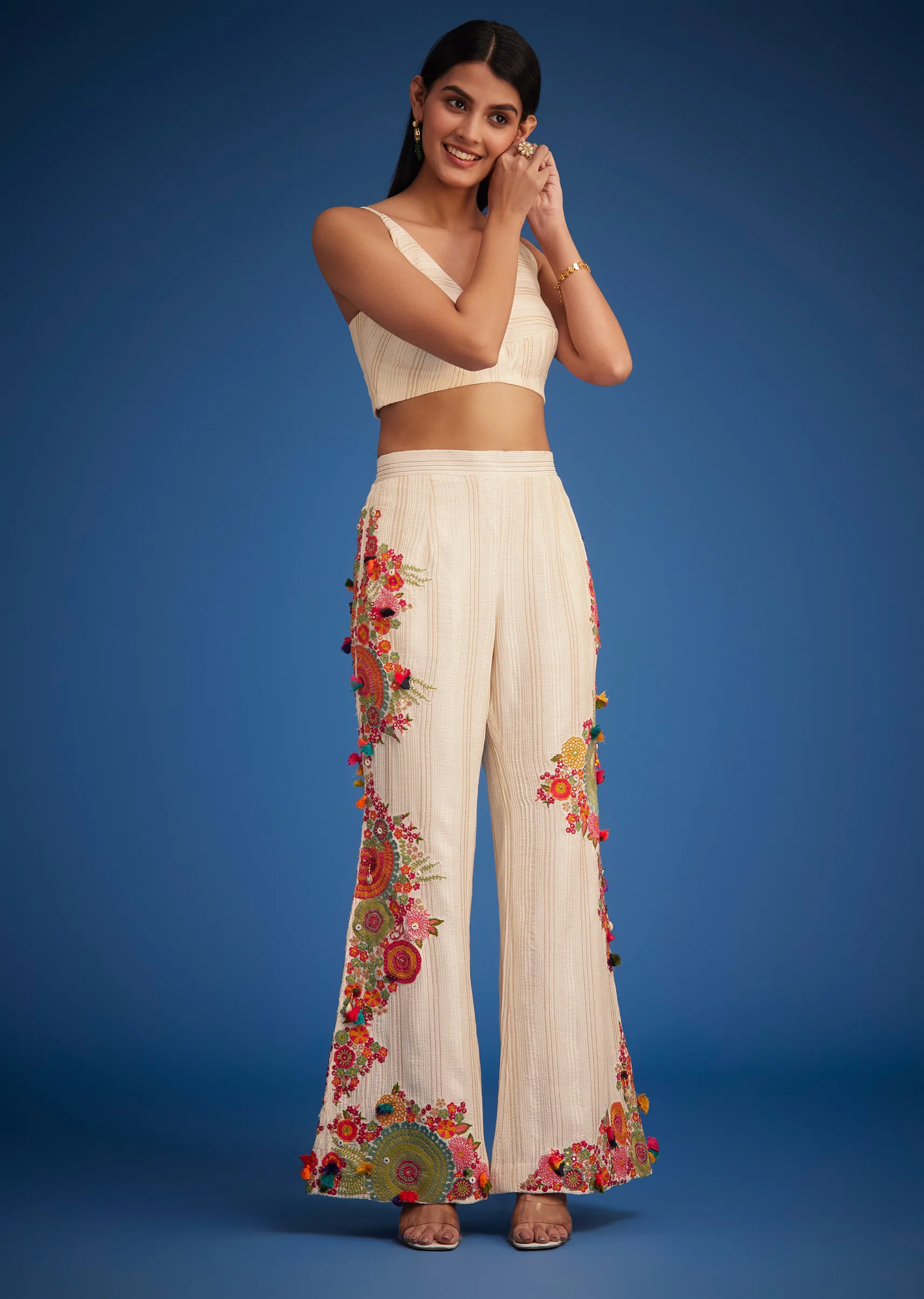 White Silk Embroidered Jacket Palazzo Set - Image 6