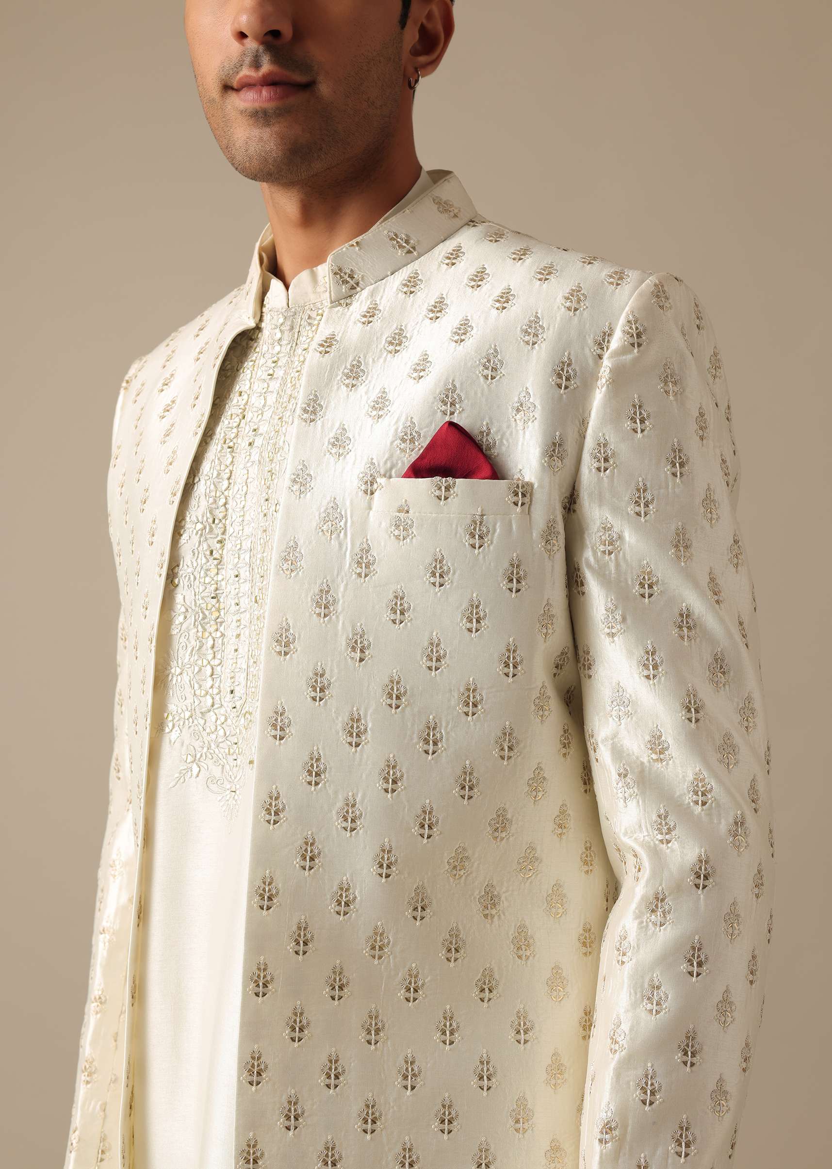 White Silk Embroidered Sherwani Set - Image 2