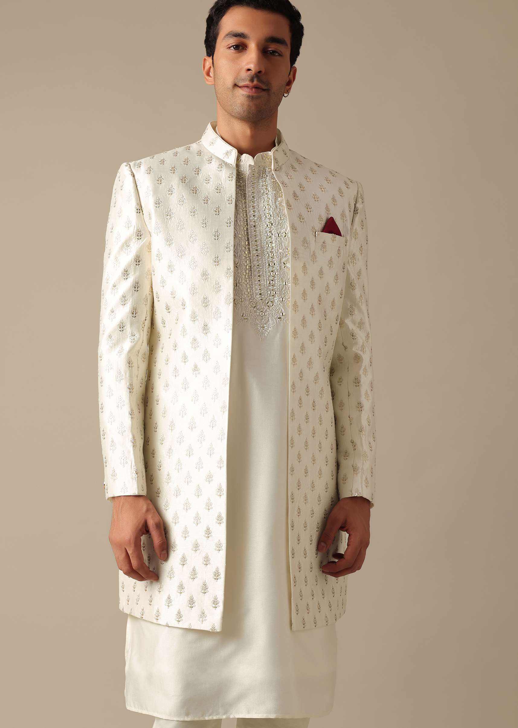 White Silk Embroidered Sherwani Set - Image 4