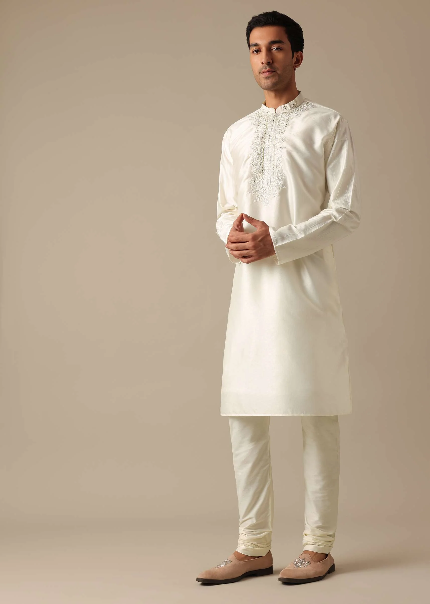 White Silk Embroidered Sherwani Set - Image 8