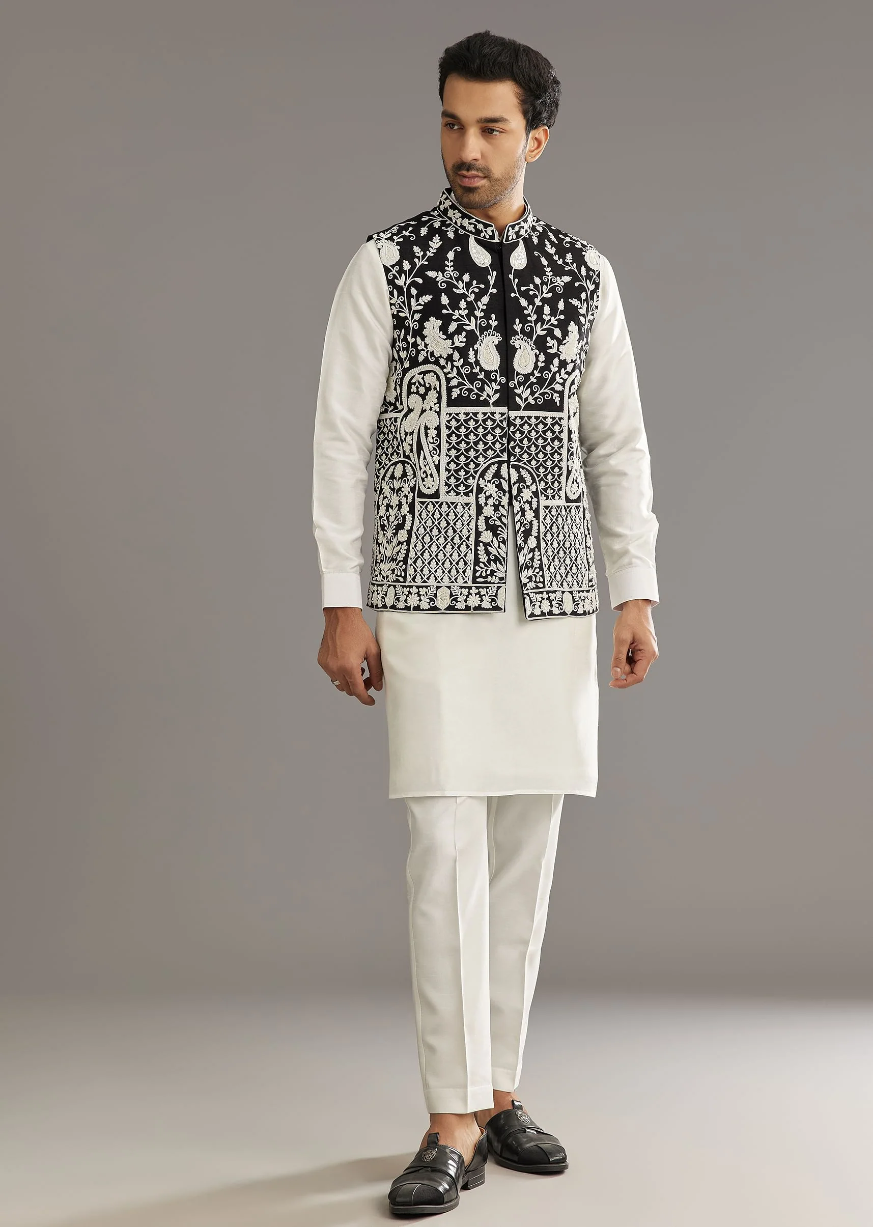 White Silk Kurta Set With Black Dori And Zardosi Jacket - Image 4