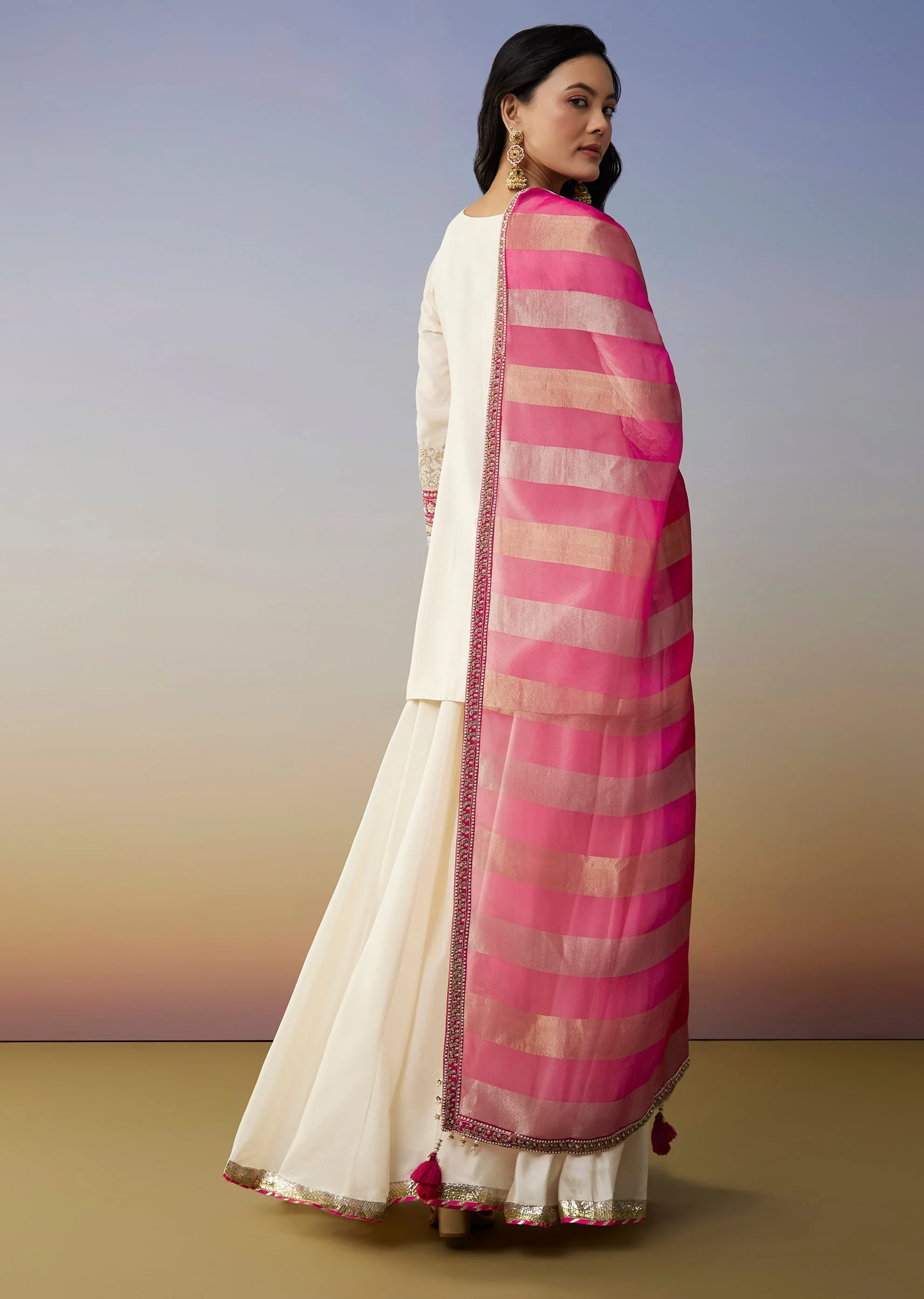 White Silk Palazzo Suits with Moti Zardosi Work - Image 5