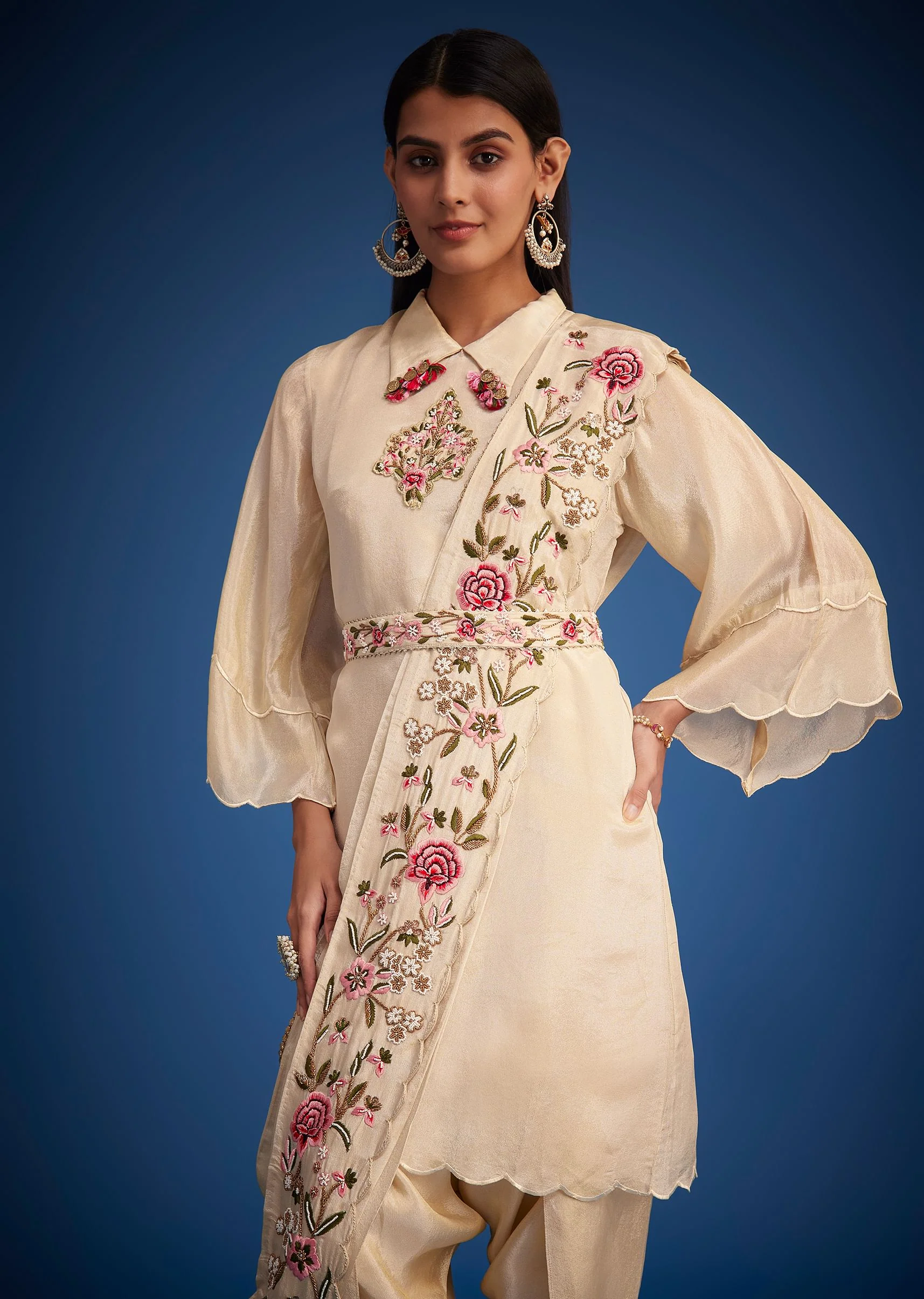 White Tissue Embroidered Dhoti Set - Image 4