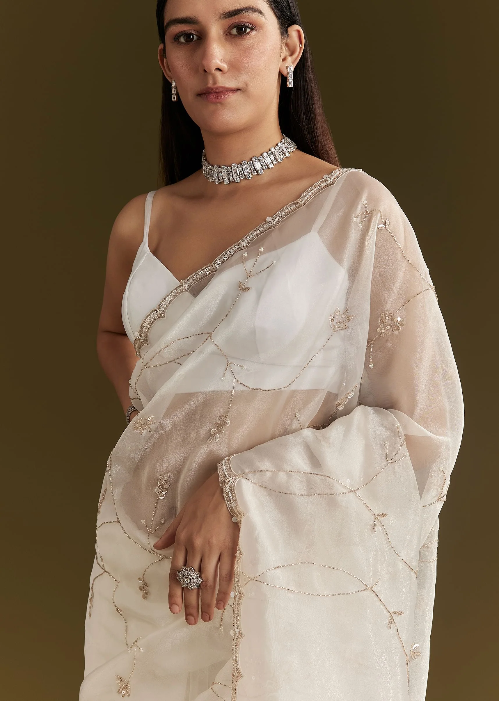White Tissue Embroidered Saree With Scallop Border - Image 5