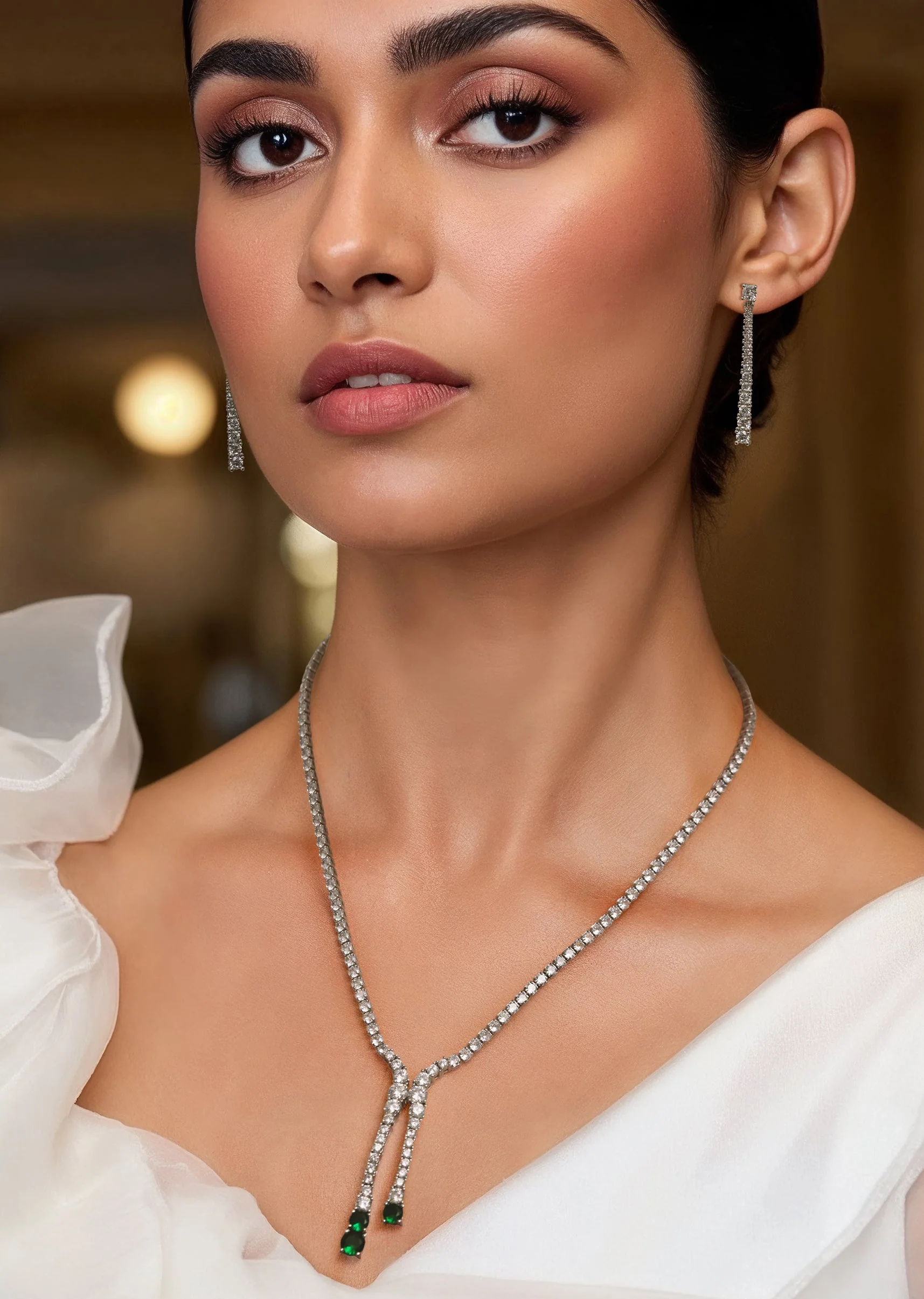 White Zircon Tassel Pendant Necklace and Earring Set