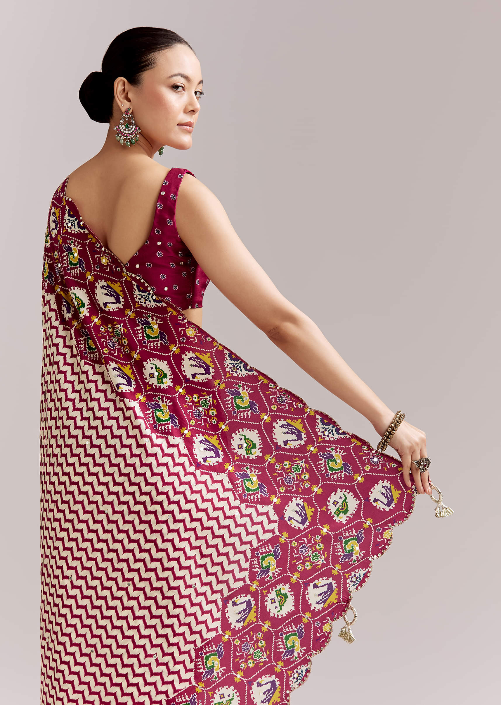 Wine And Off White Satin Saree With Ikat-Style Floral Birds Border - Image 6
