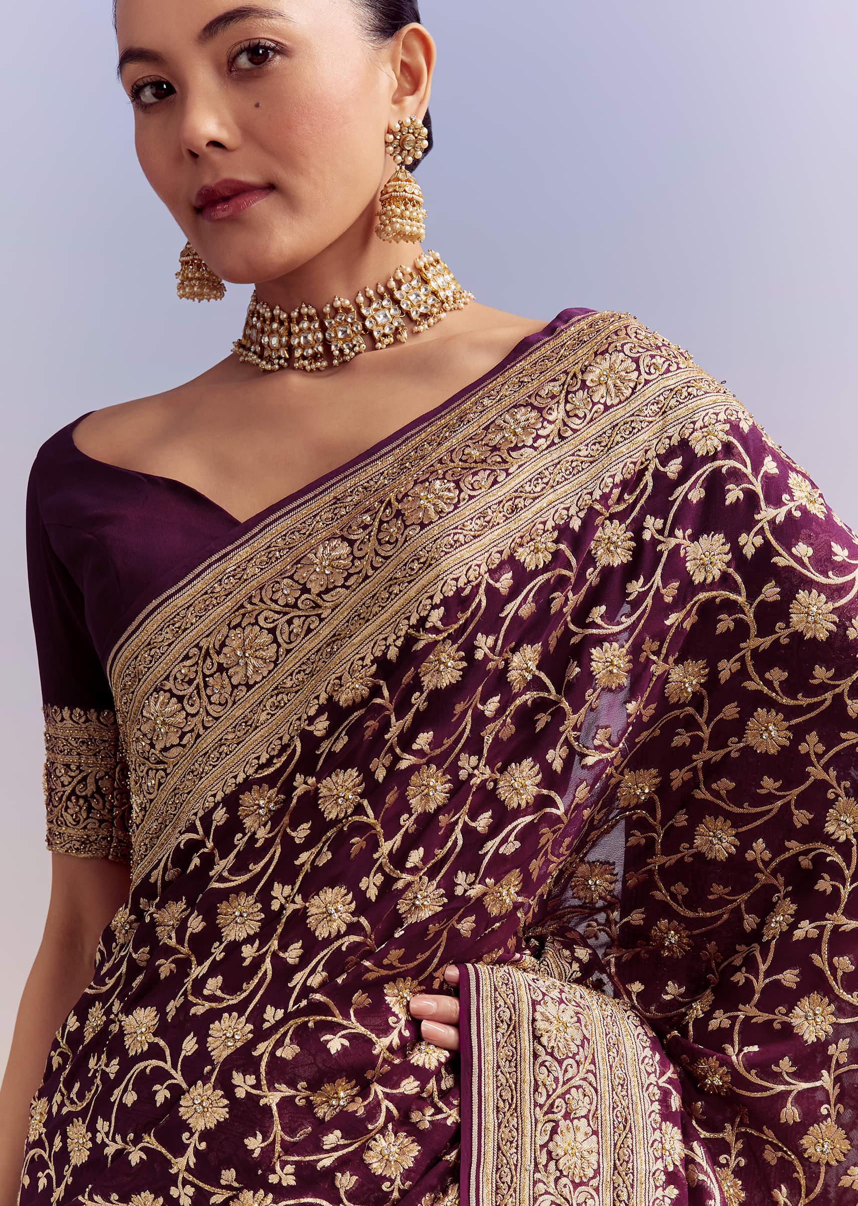 Wine Banarasi Silk Saree With Heavy Zari And Jaal Work - Image 2