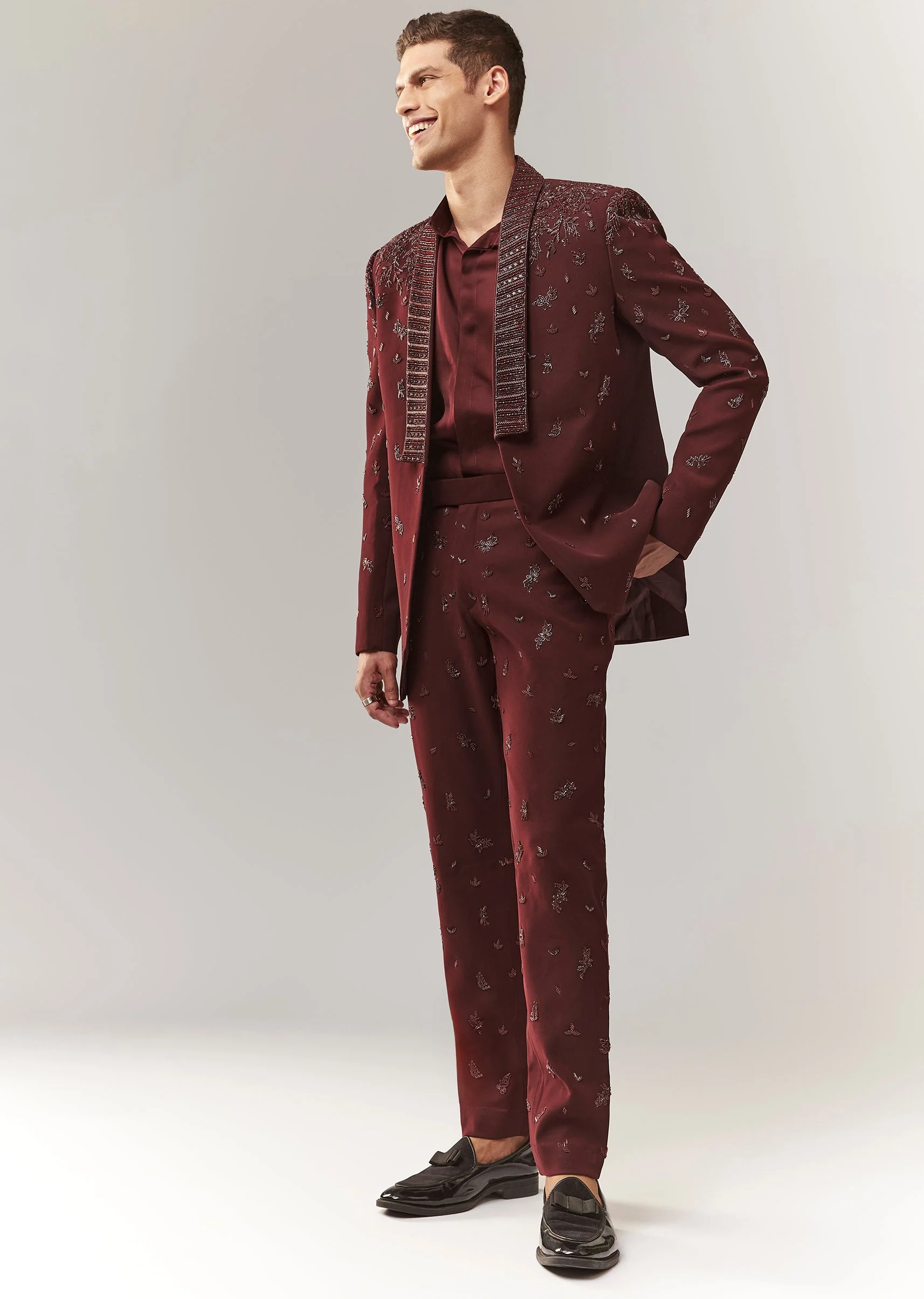 Wine Blazer Set With Hand Embroidery And Linen Shirt