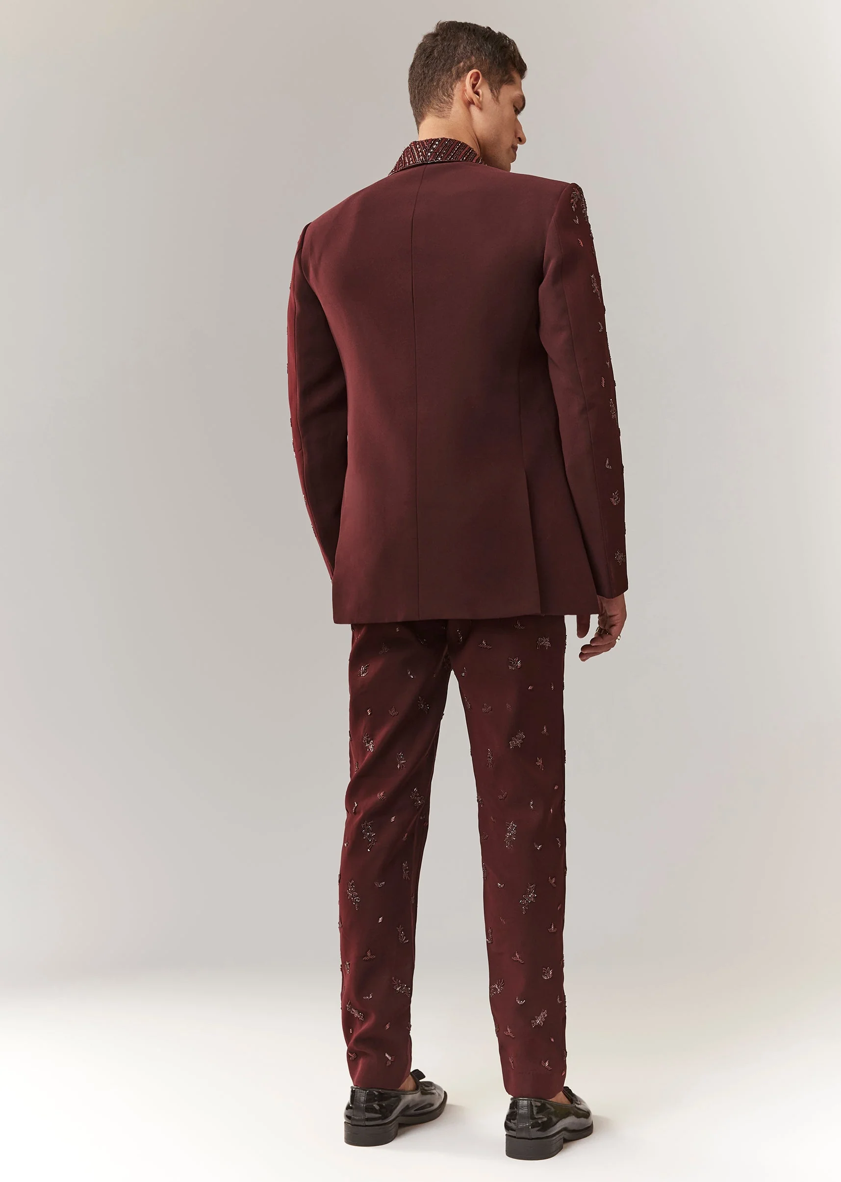 Wine Blazer Set With Hand Embroidery And Linen Shirt - Image 5