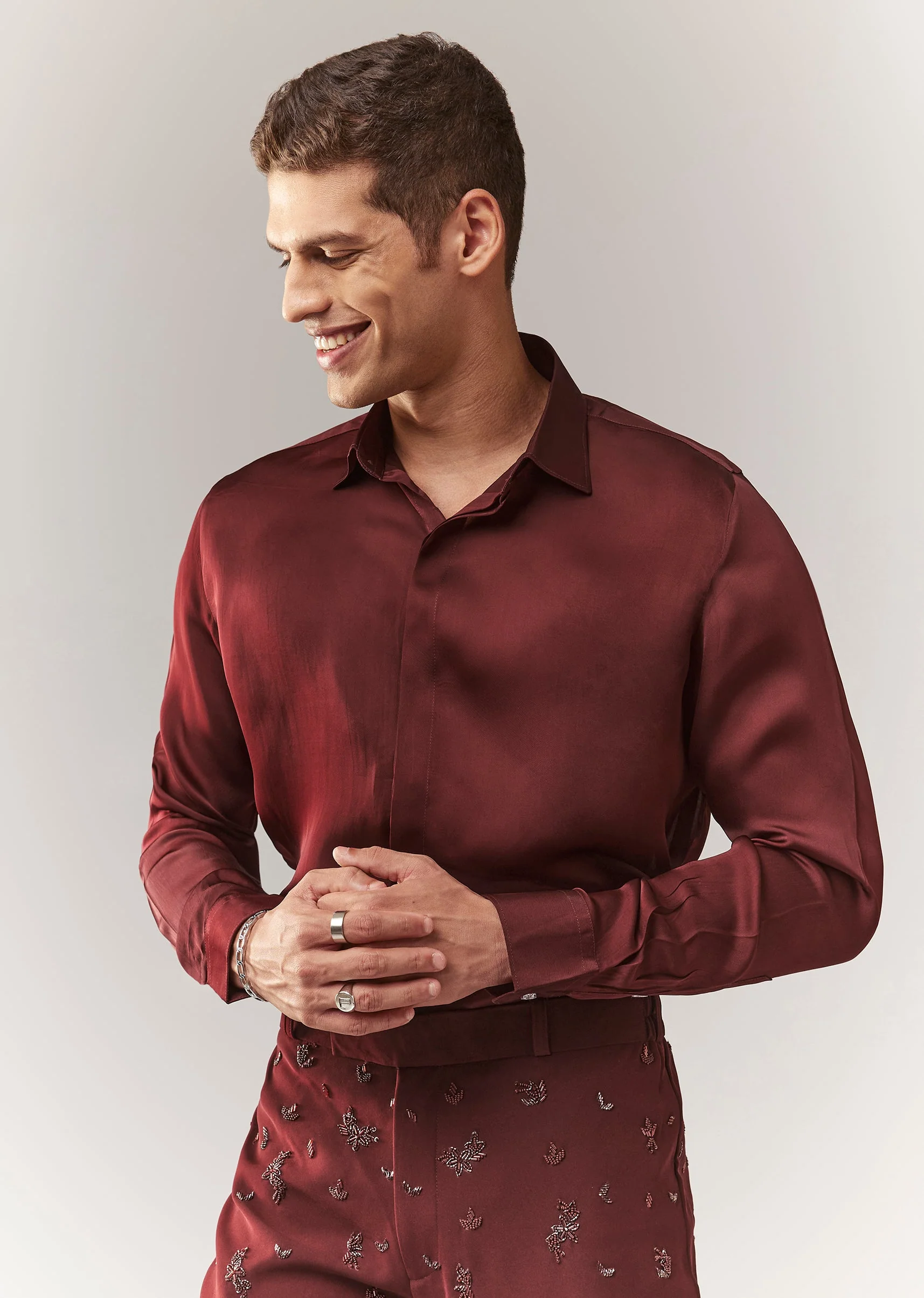Wine Blazer Set With Hand Embroidery And Linen Shirt - Image 6