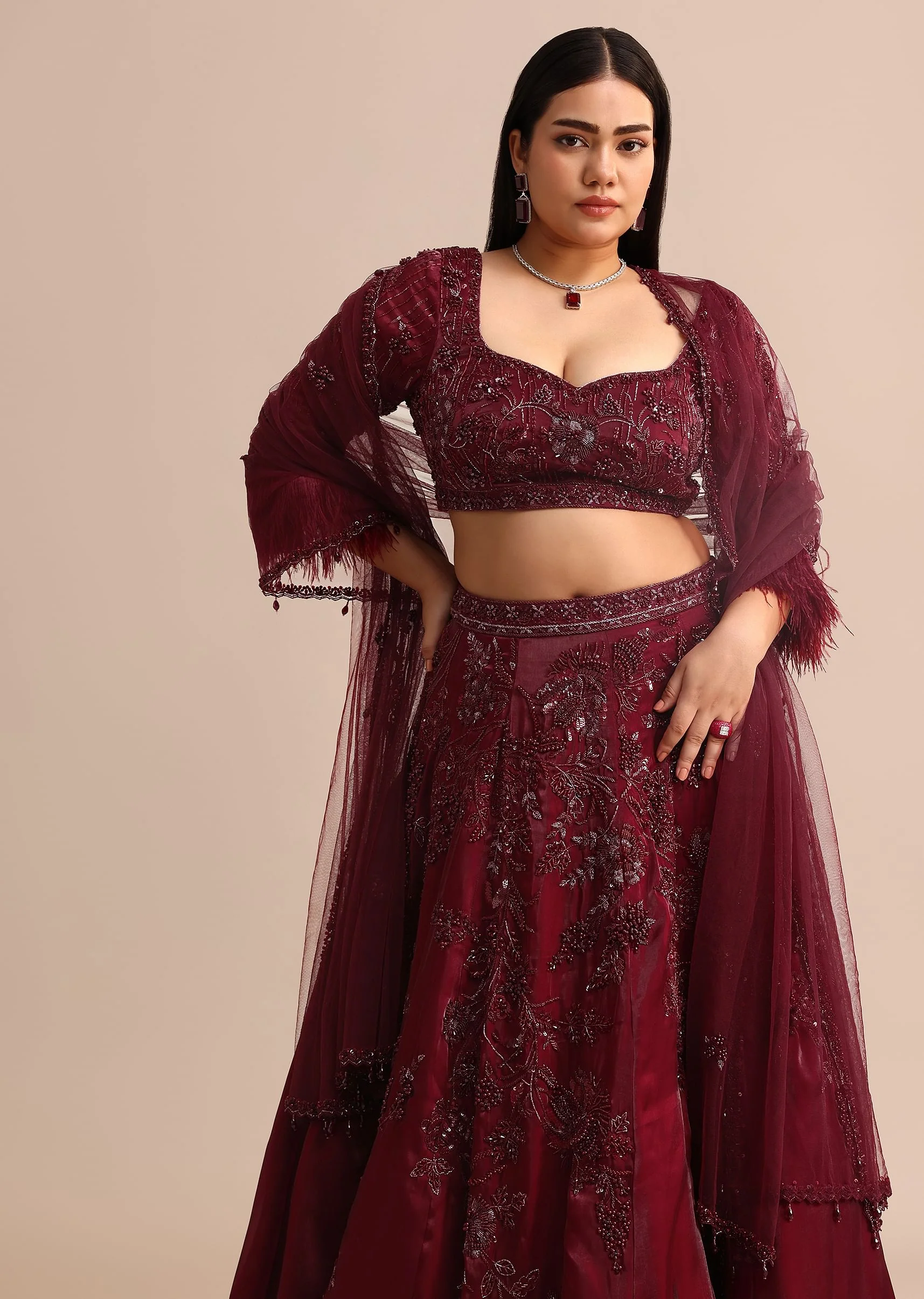 Wine Bridal Lehenga With Dupatta - Image 4
